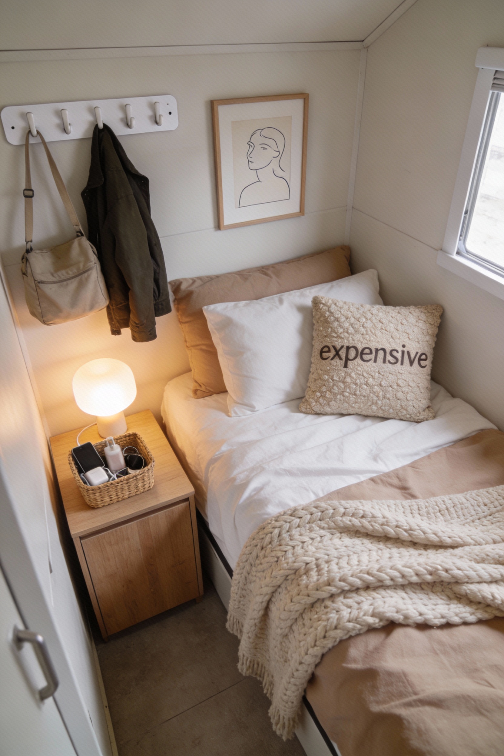 Wide corner-angle shot of a tiny hostel room styled as a Soft Scandinavian Nook: crisp white bedding layered with warm b