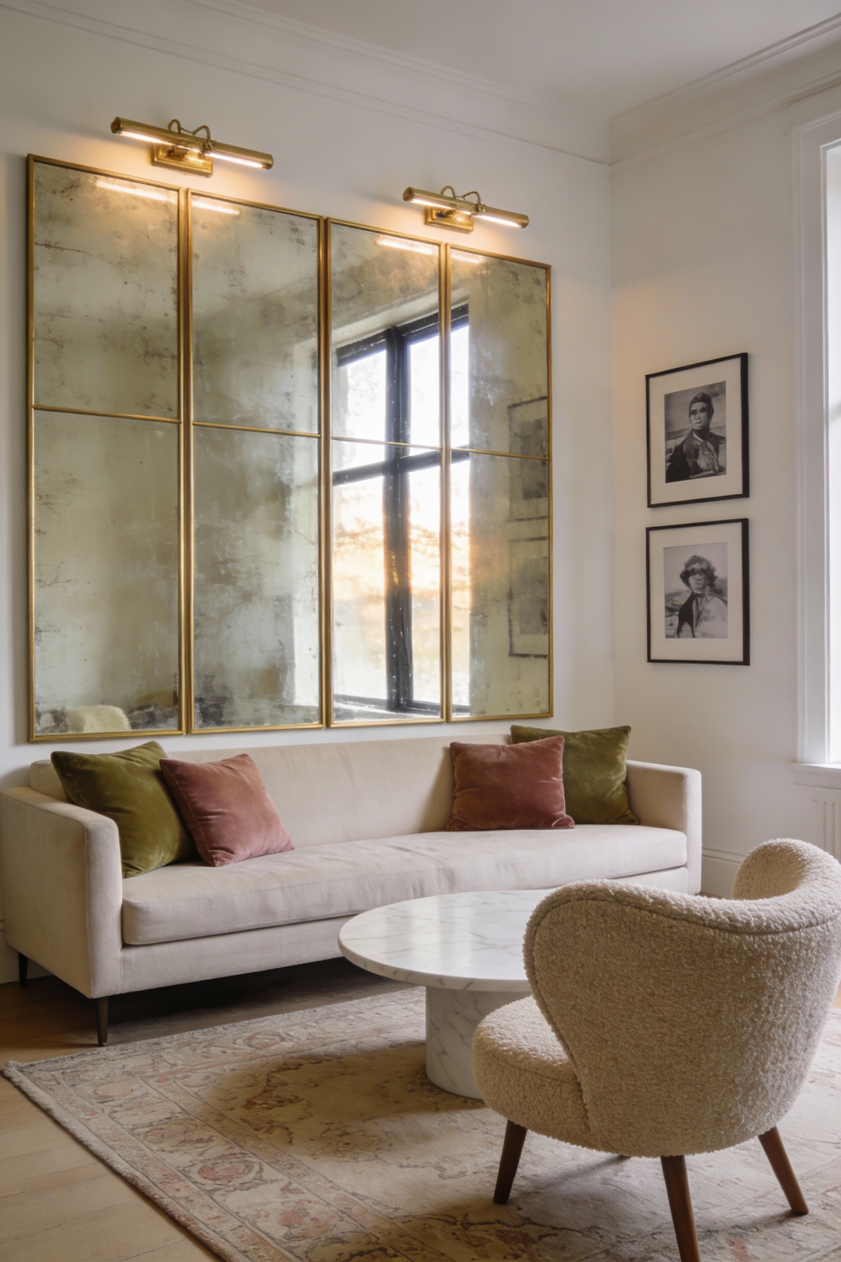 Wide-angle photorealistic Parisian apartment living room, full wall of softly smoky antique mirror panels divided into s