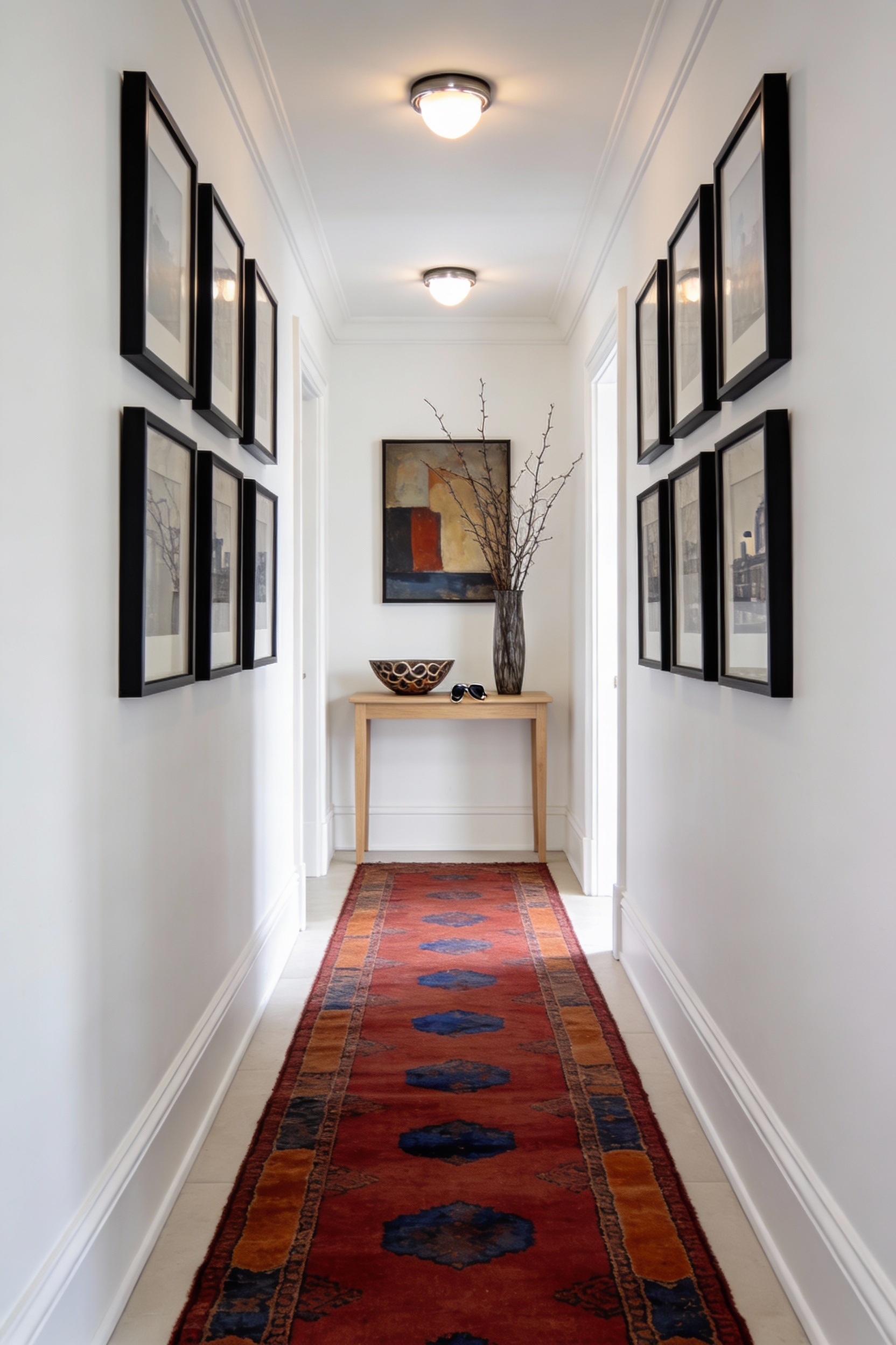 Wide straight-on photorealistic shot down a long entry hallway with soft white satin-finish walls and crisp bright trim,