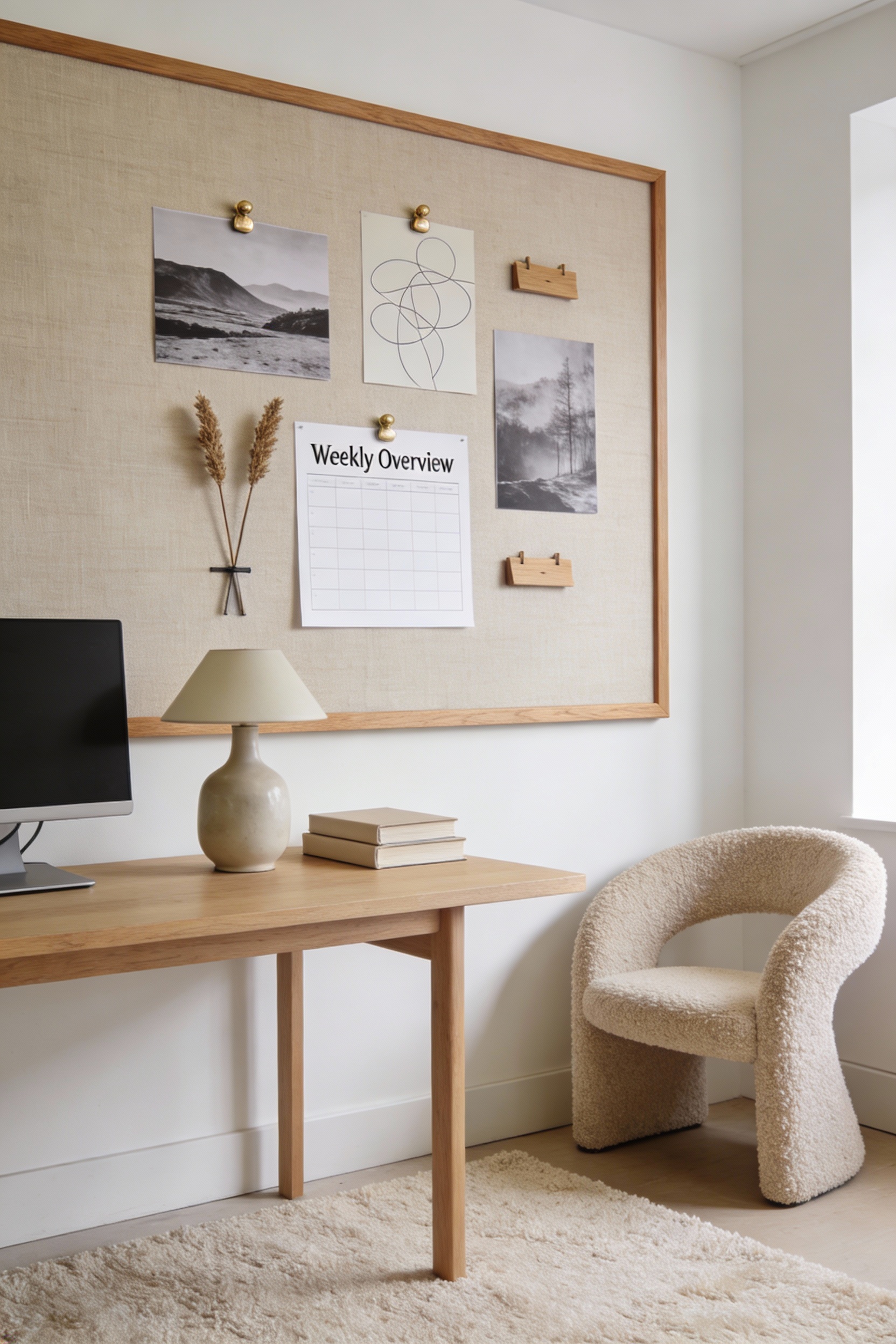 Wide corner-angle photorealistic shot of a cozy neutral home office in warm whites, soft taupe, and oatmeal linen tones: