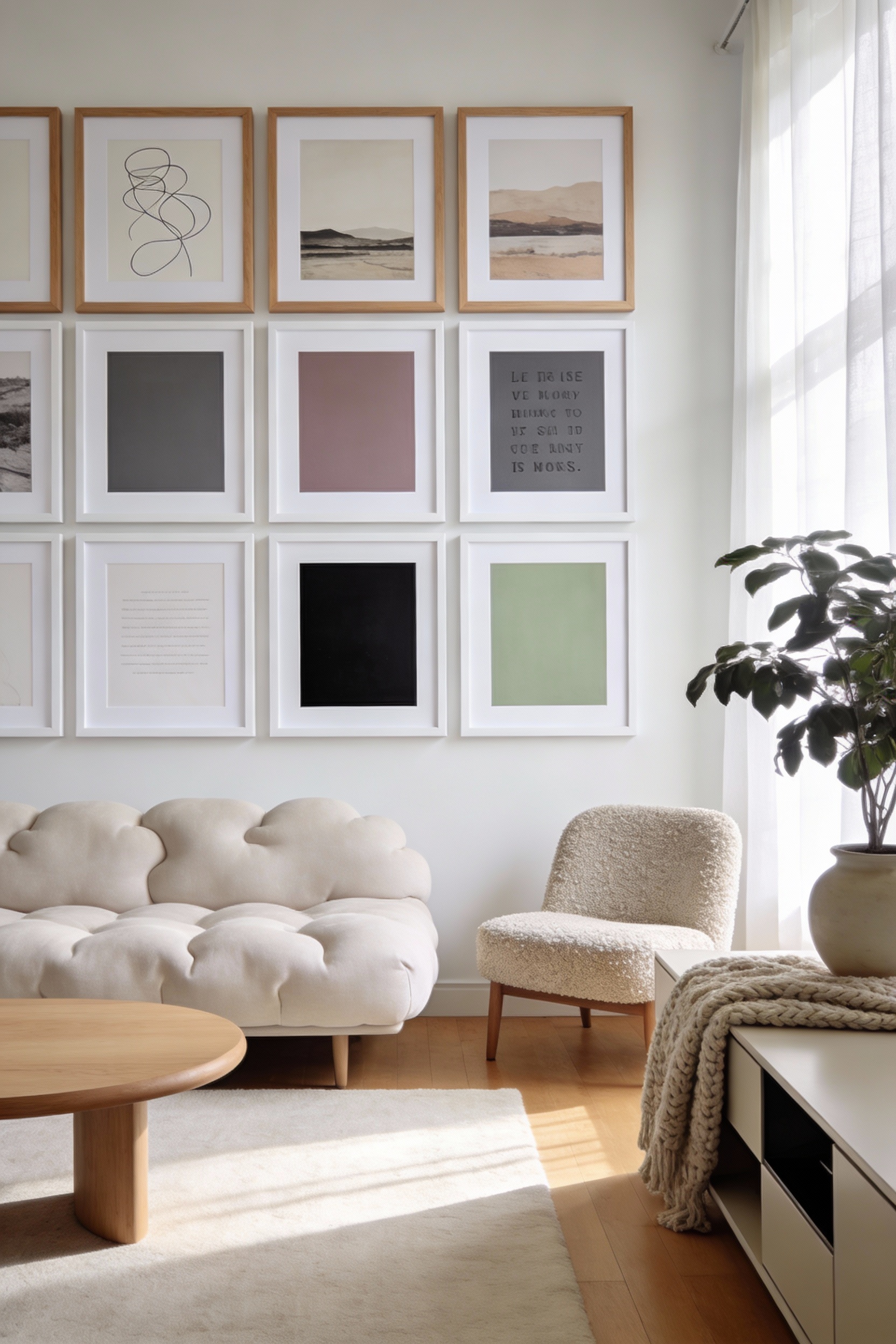 Wide photorealistic corner-angle shot of a sunlit Scandinavian living room in soft white and warm oak, morning light pou