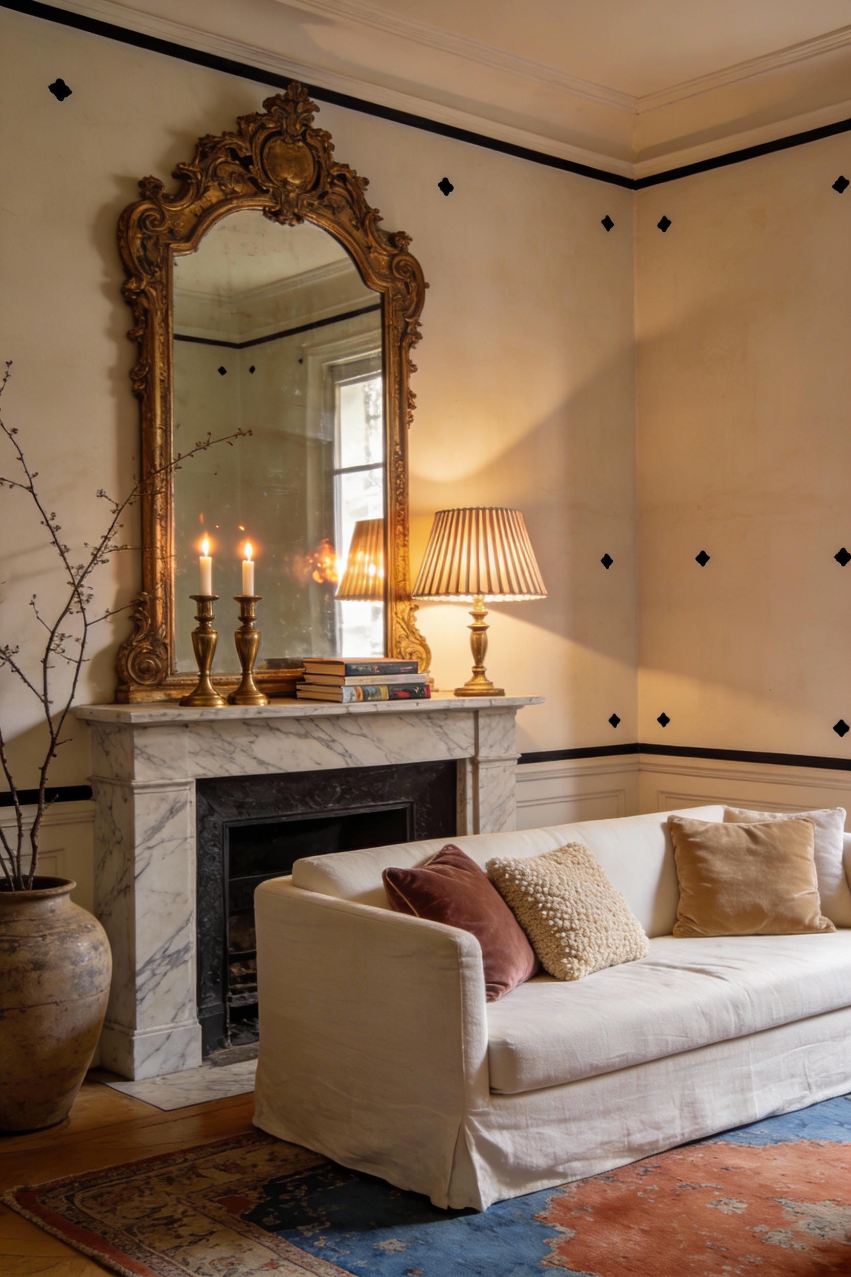 Wide photorealistic Parisian apartment living room, corner angle facing a marble (or faux-marble) mantel with a large or