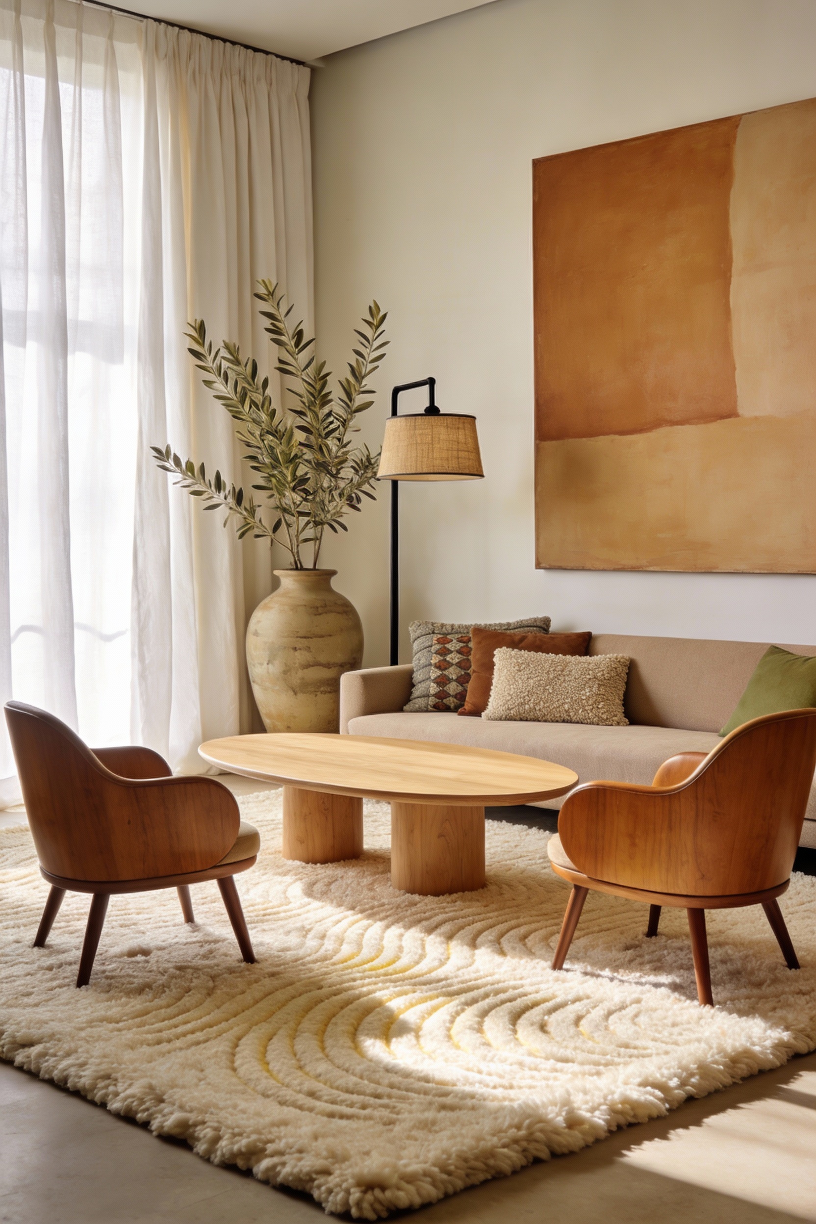 Wide corner-angle photorealistic living room in a warm modern organic style: thick creamy chunky wool rug with subtle cr