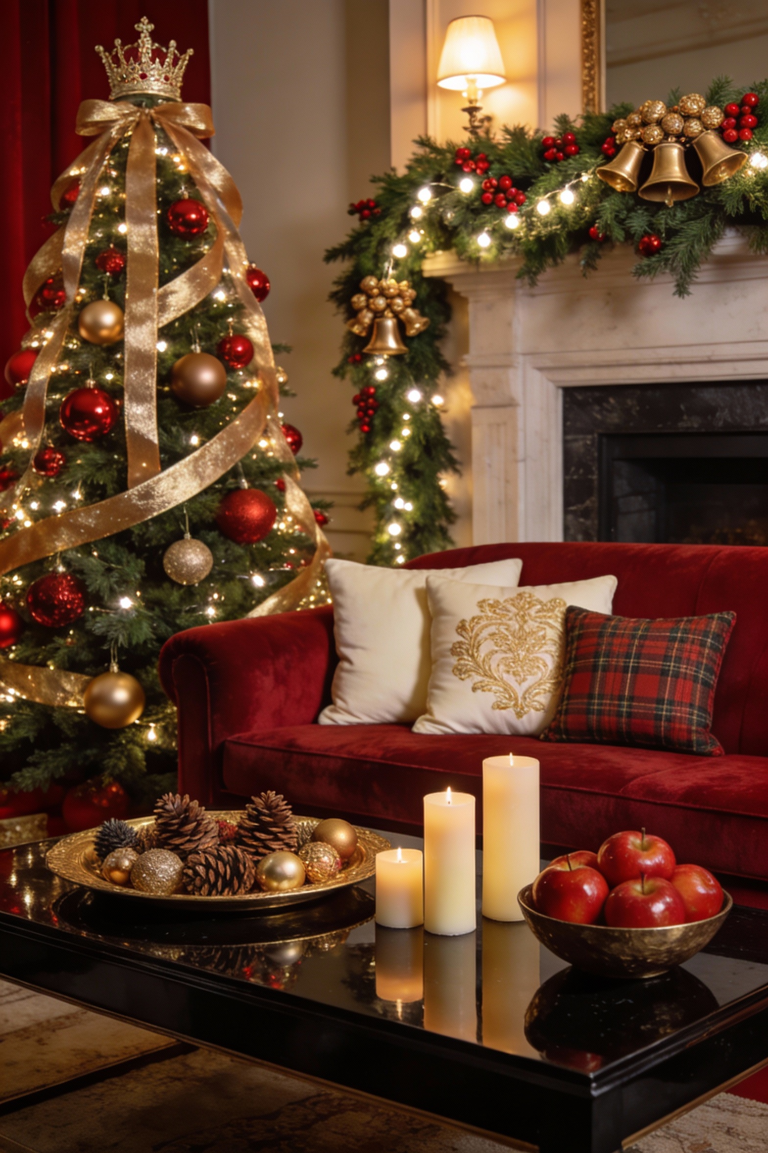 1. Wide, cinematic living room in classic Christmas red-and-gold: deep red velvet sofa with cream pillows featuring gold