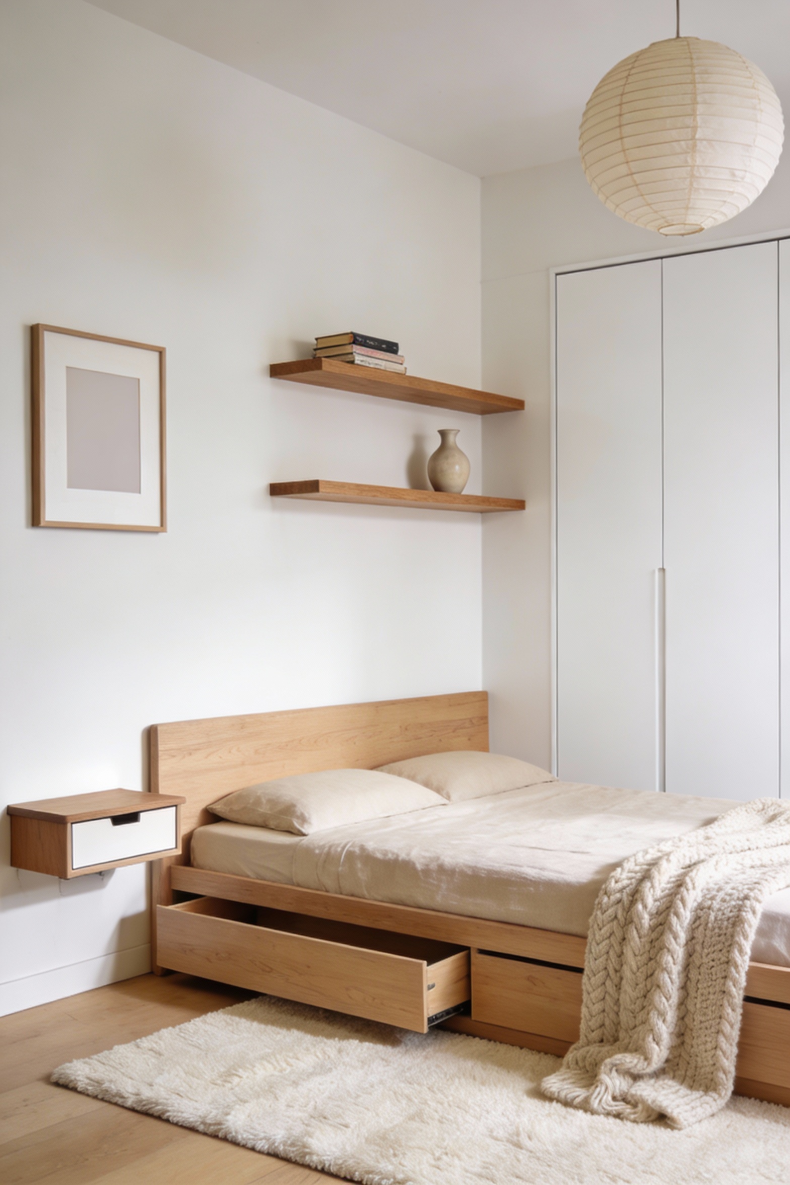 Wide corner-angle photorealistic shot of an airy Scandinavian small bedroom in warm white, pale oak, and linen beige; lo