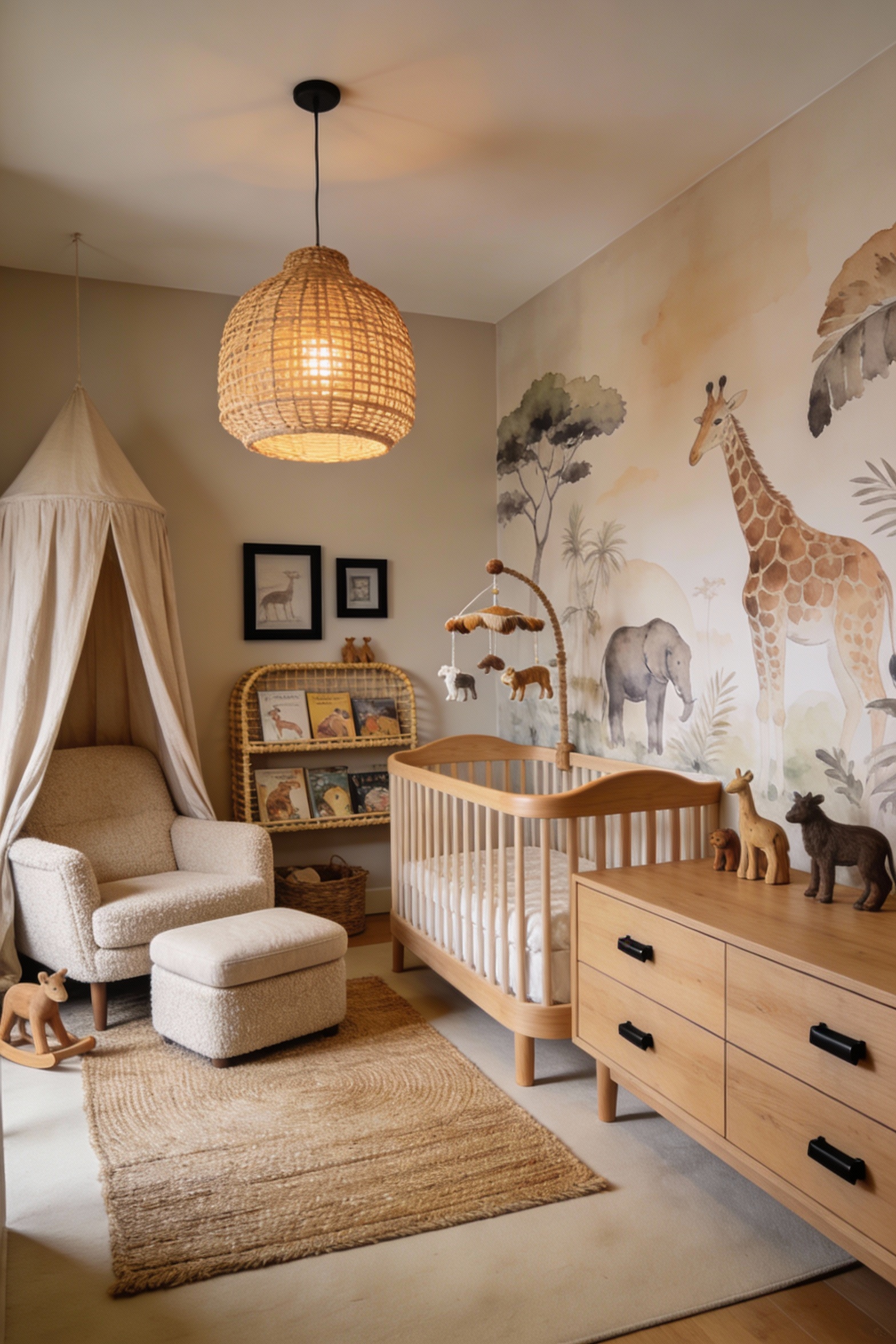 1. Wide corner-angle photorealistic modern safari baby nursery with warm greige/soft beige walls and a muted watercolor 