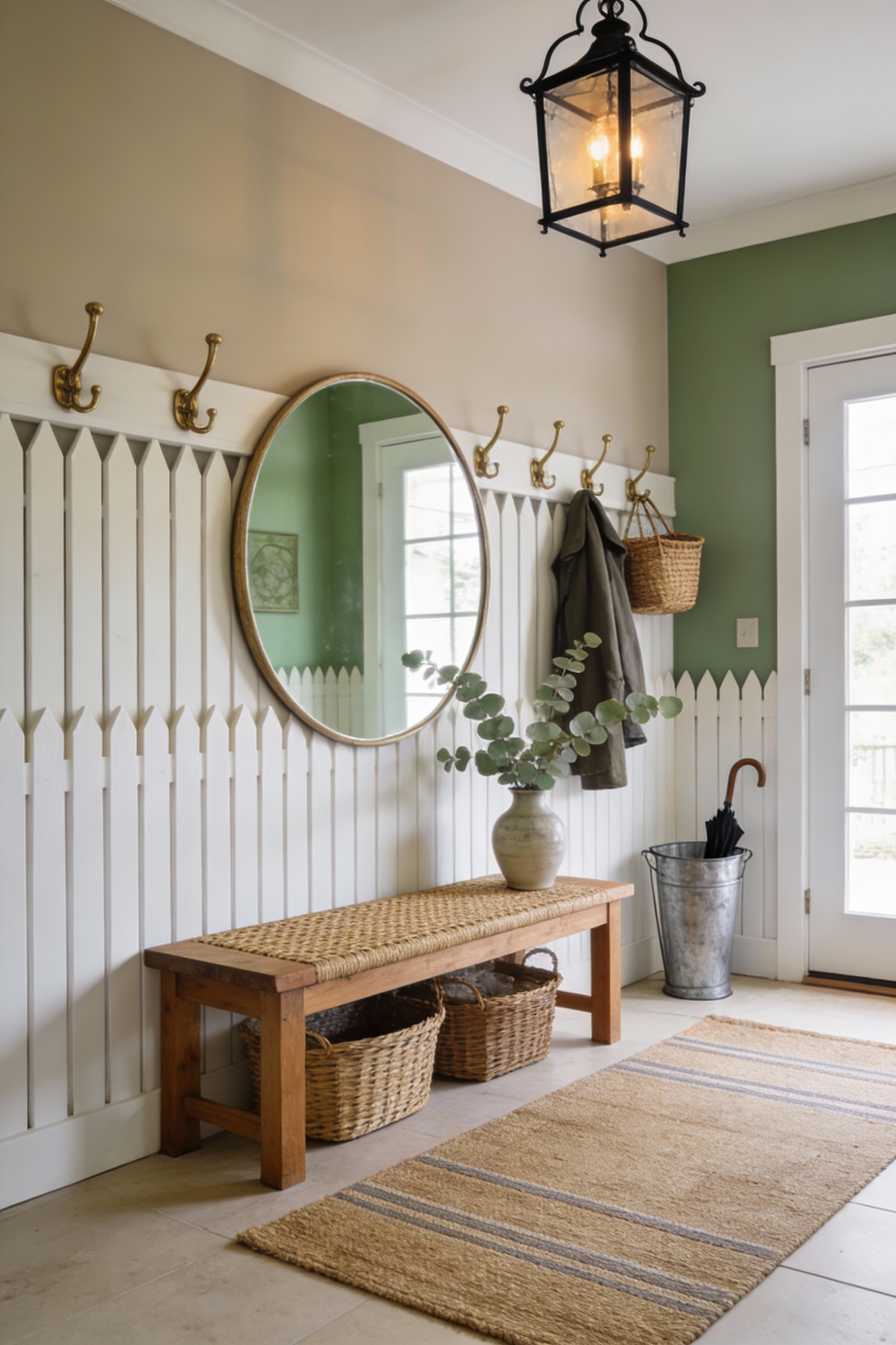 Wide photorealistic entryway, cottagecore style: waist-high creamy white picket fence wall treatment wrapping the lower 