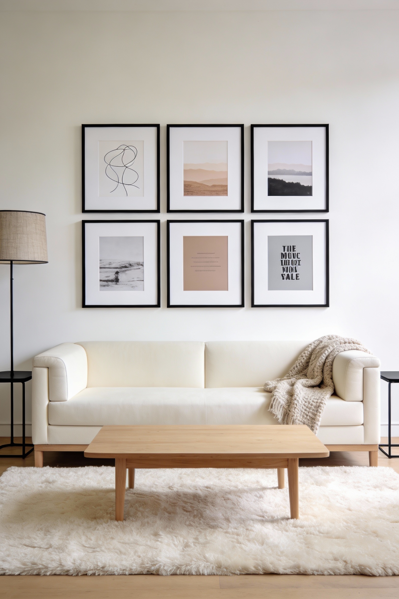 1. Wide, straight-on photorealistic shot of a modern warm-neutral living room: low deep cream sofa with structured arms 