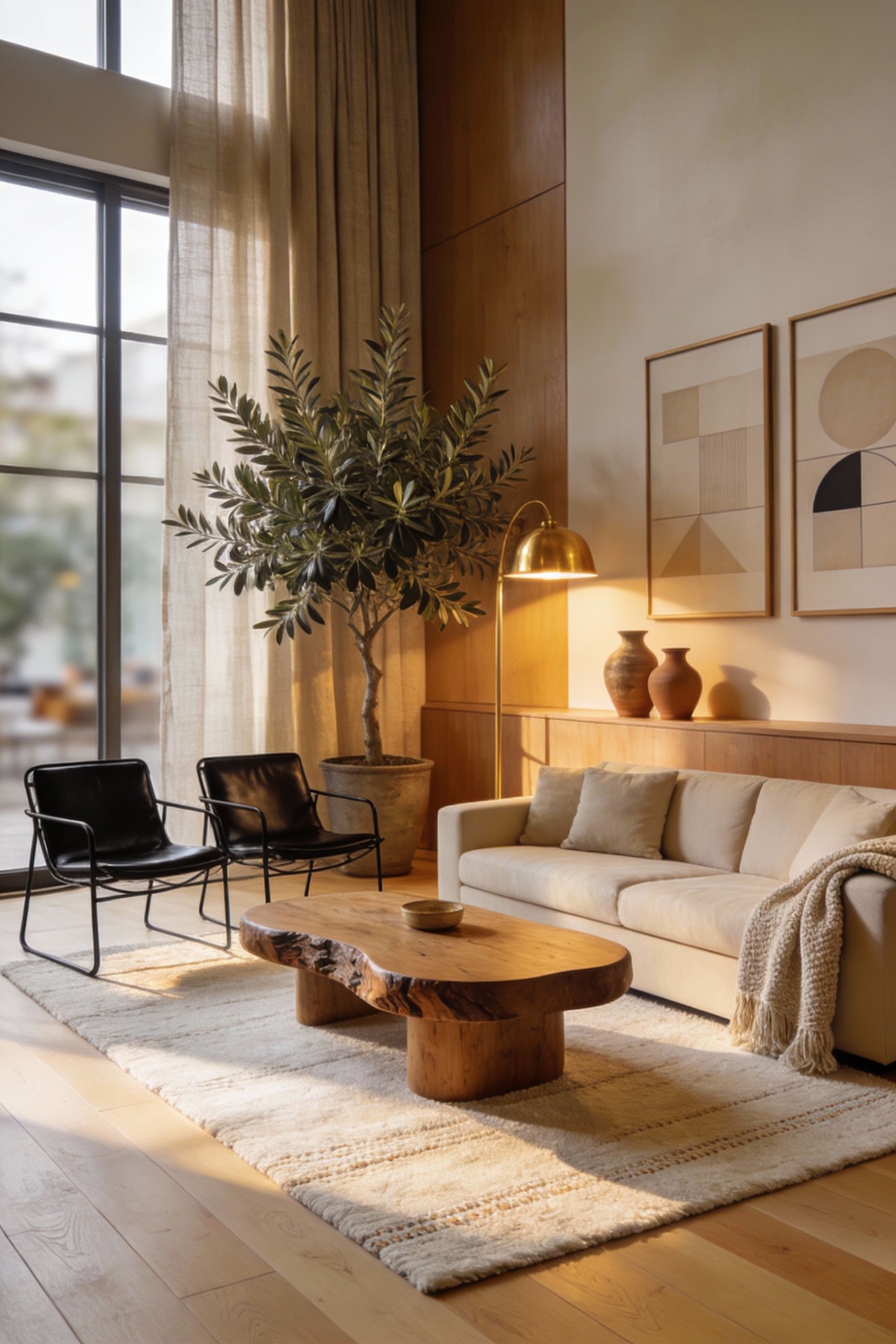 Wide corner-angle photorealistic shot of a warm modern living room with matte wide-plank white oak flooring in a soft ho