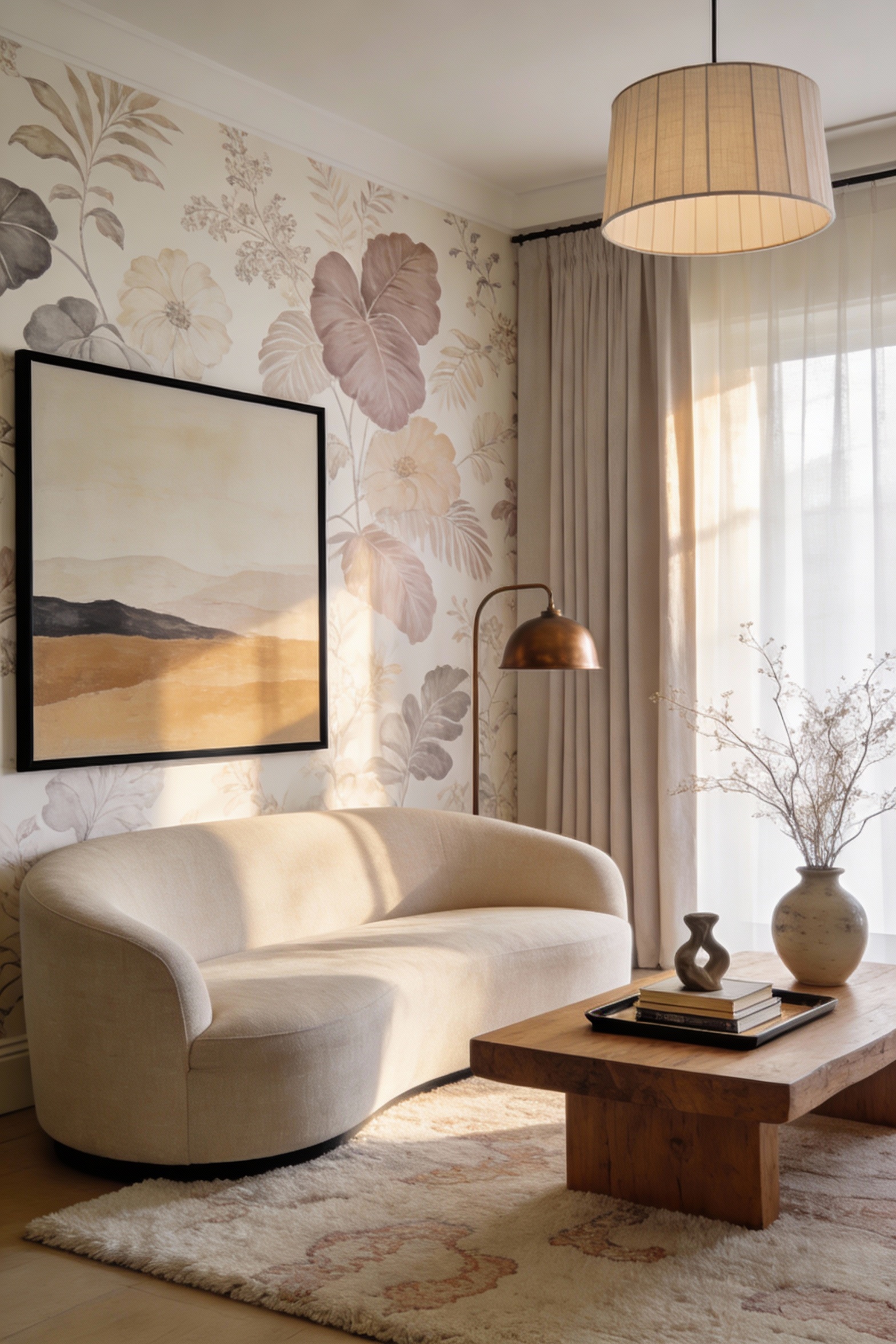 Wide-angle corner view of a soft-luxe living room with oversized botanical wallpaper in creamy ivory, whispery taupe, an