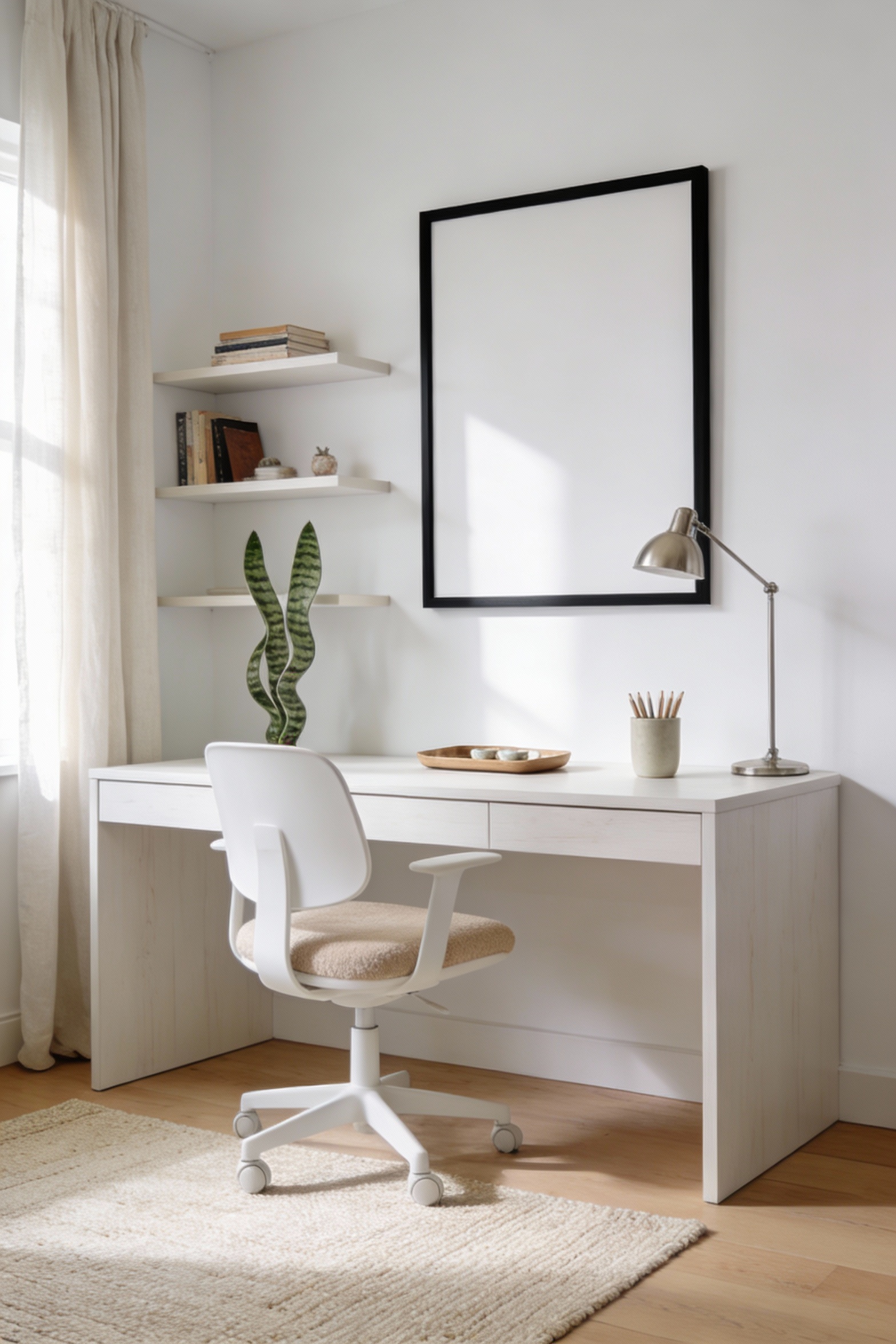 Wide photorealistic Scandinavian home office, bright airy room with soft white walls and light oak floor, minimal white/