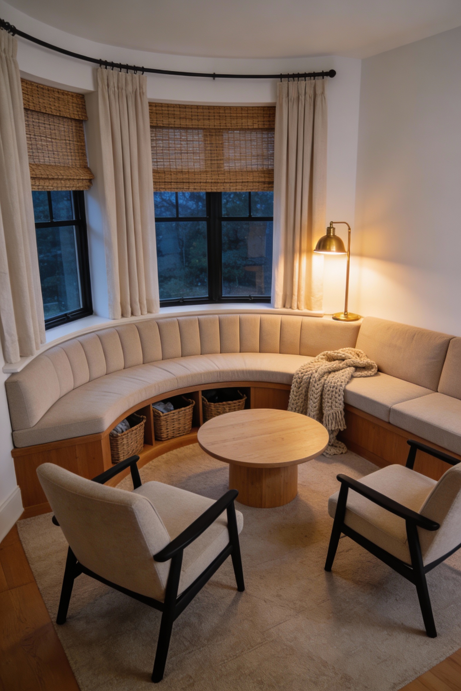 Wide photorealistic living room shot from a corner angle: bay window turned into a built-in style bench with a thick tai