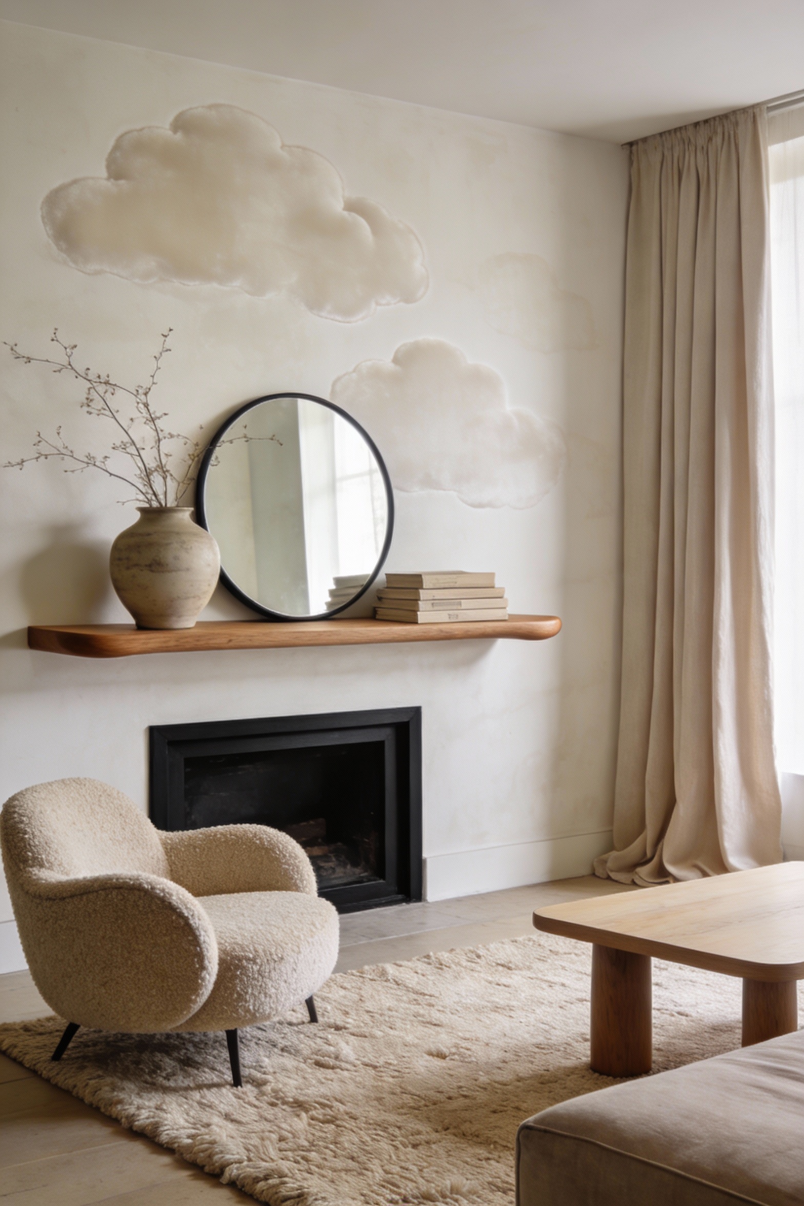 1. Wide photorealistic living room shot, calm modern organic style: chimney breast in warm off-white limewash with velve
