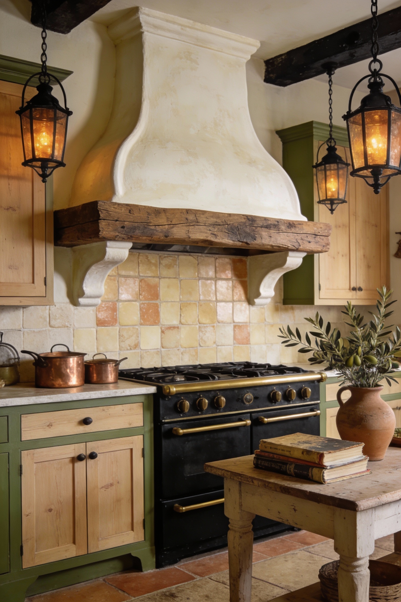 1. Wide, inviting old-world European hearth kitchen with a large hand-shaped plaster chimney hood in creamy limewash/war