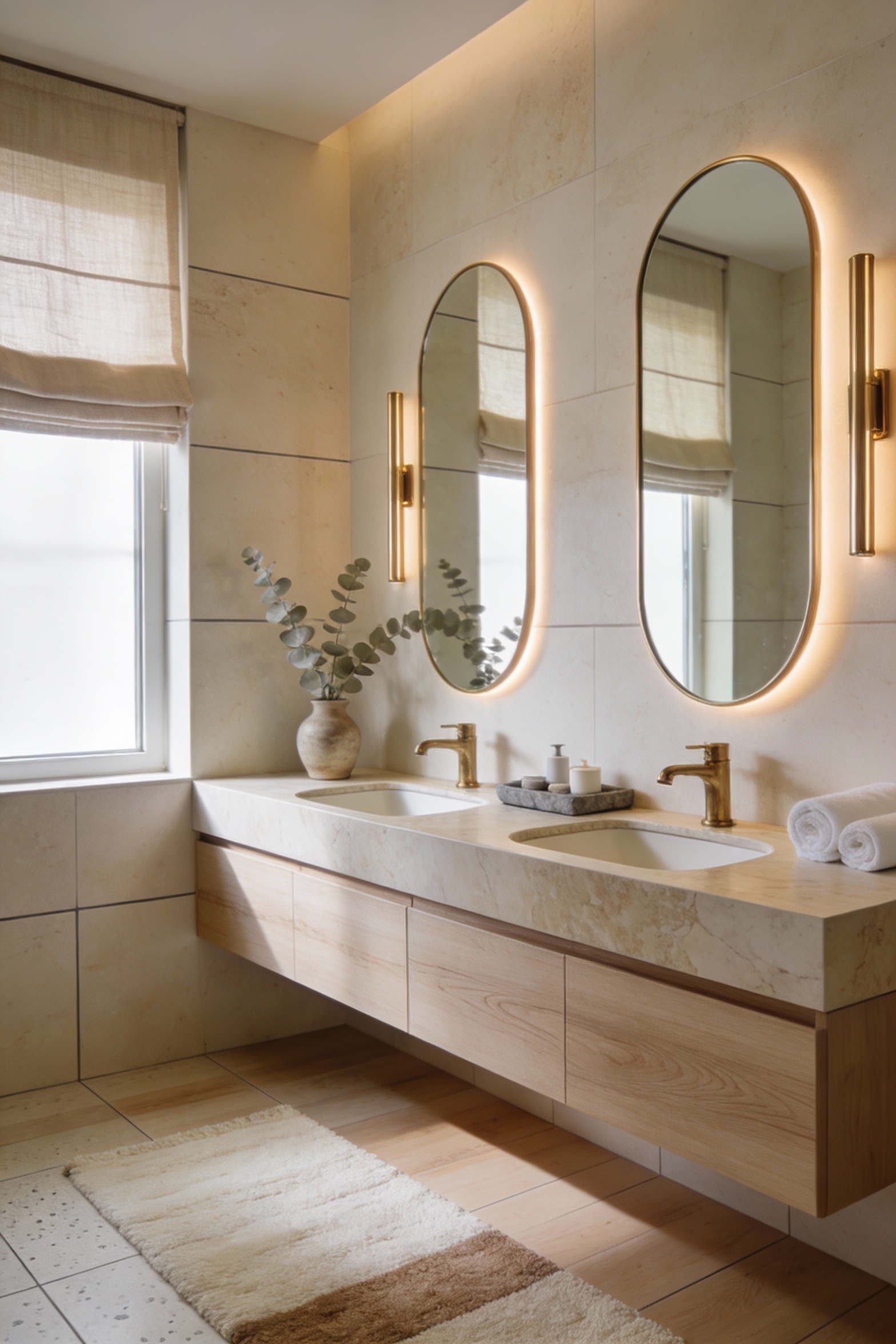 Wide corner-angle photorealistic bathroom shot of a warm modern spa: floating white oak double vanity with clean grain, 