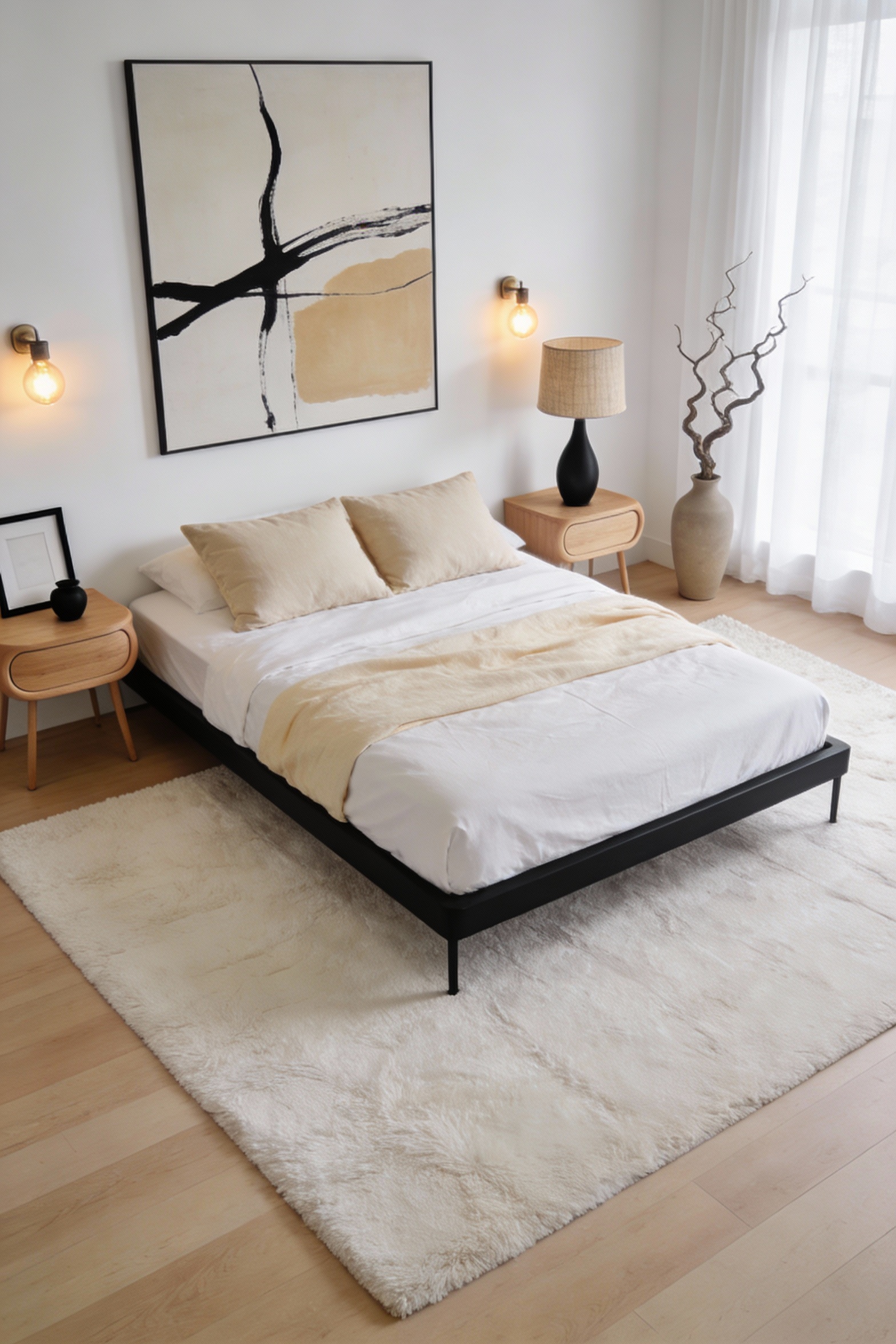Wide-angle photorealistic bedroom, bright modern minimalist style: sleek low black platform bedframe centered against cl