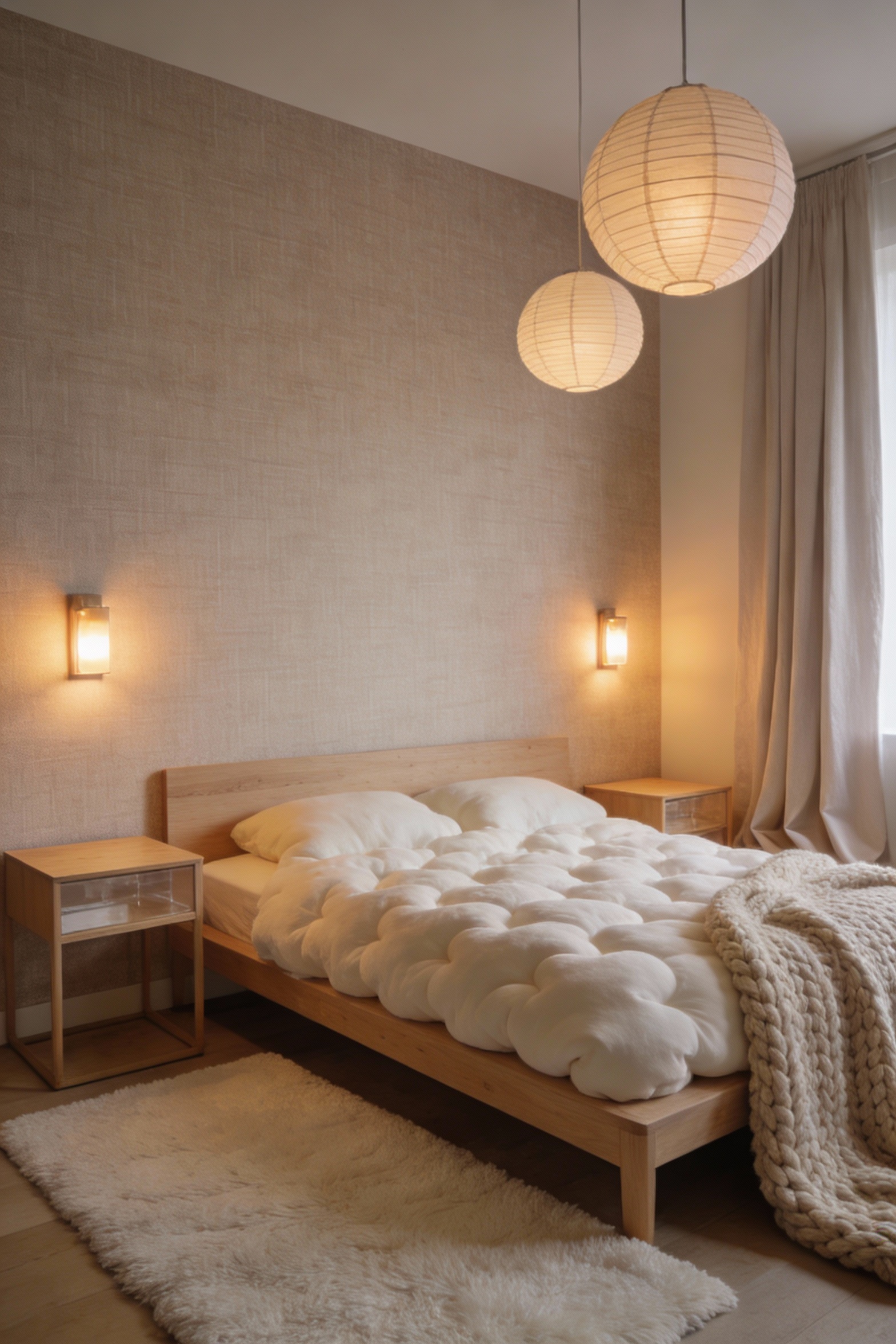 Wide photorealistic bedroom corner angle: calm Scandinavian retreat with a matte linen-look wallpaper accent wall in war