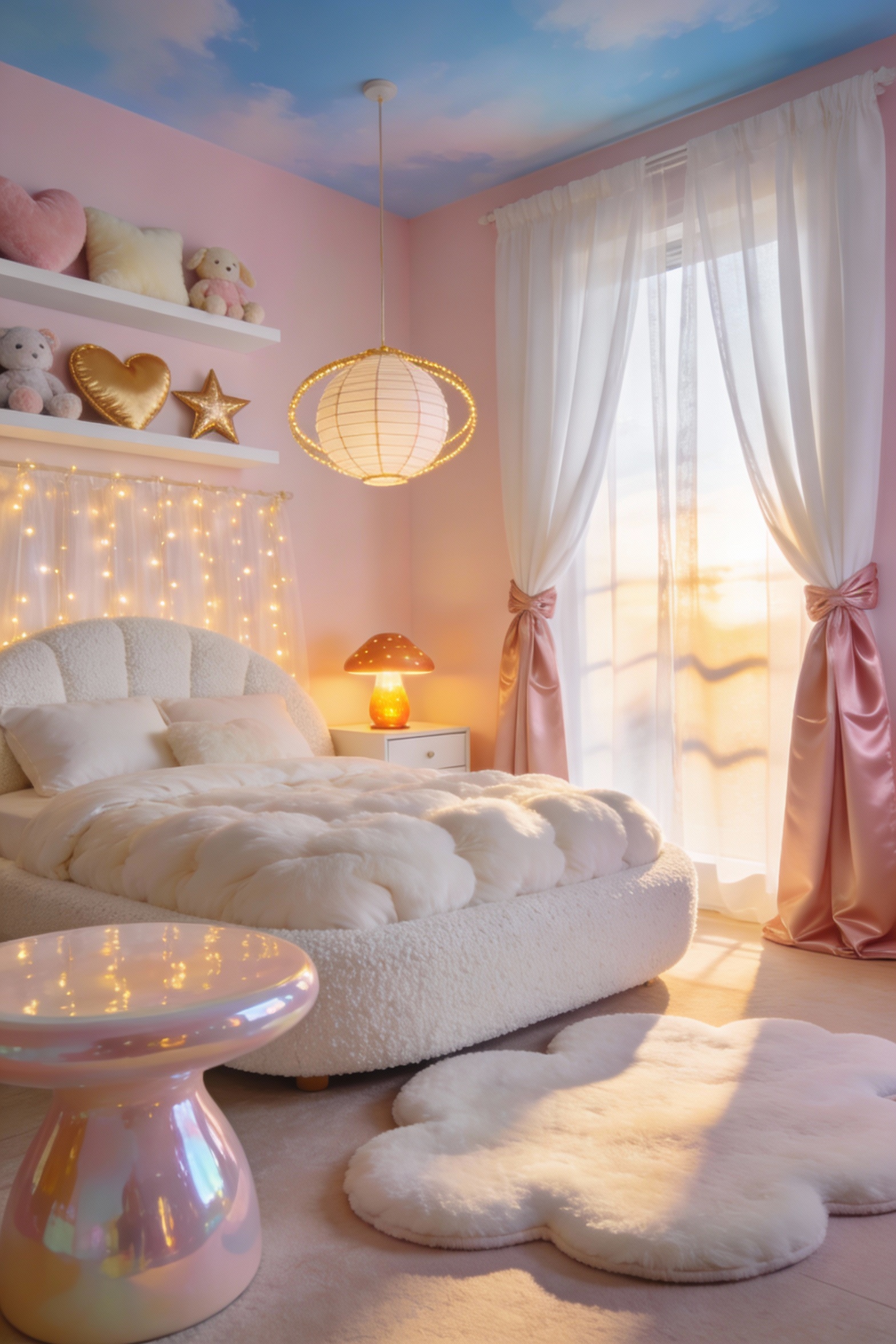 Wide photorealistic bedroom corner angle: pastel cloud lounge with airy powder pink walls and whispery sky-blue gradient