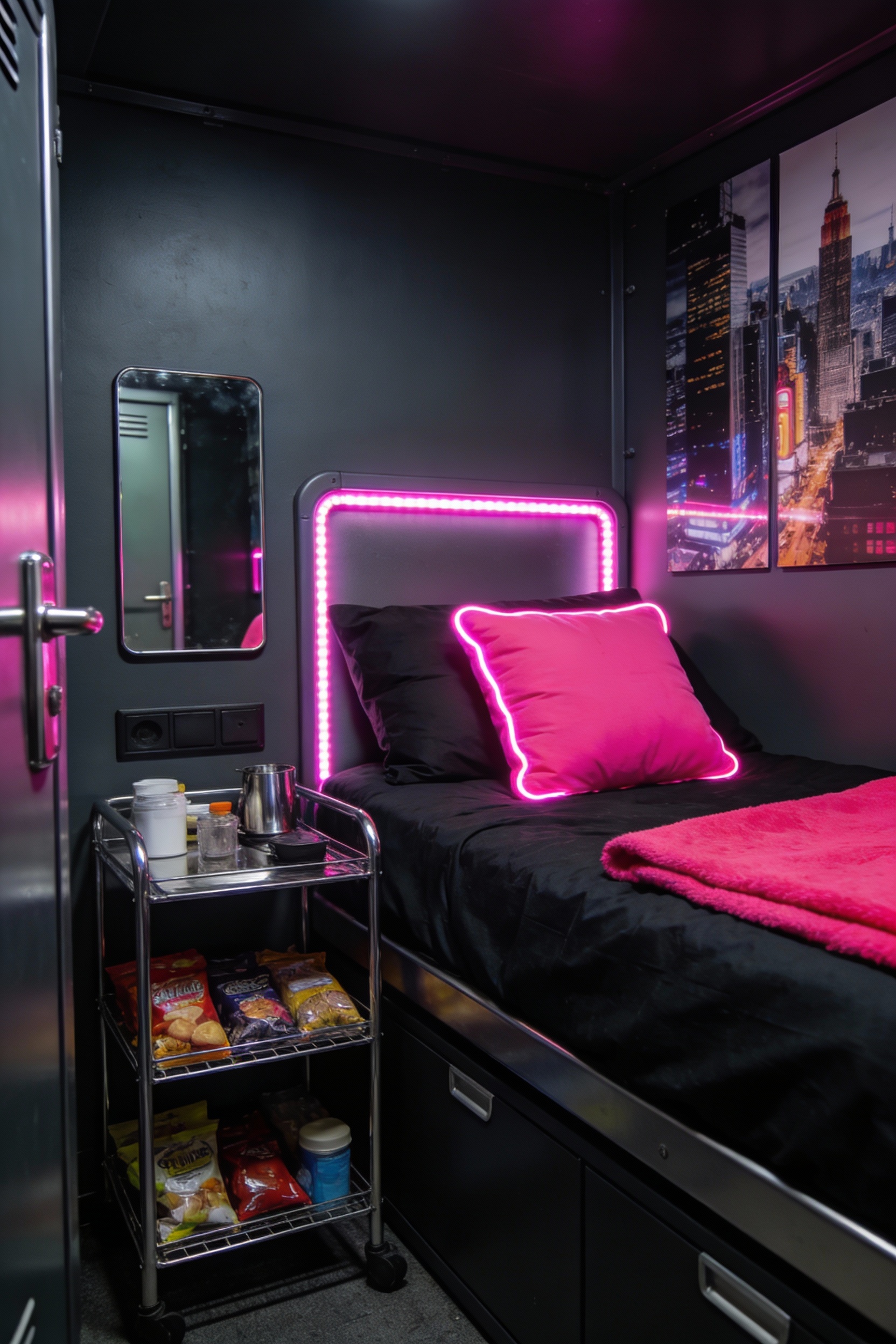 Medium straight-on shot of a Bold Neon City Corner in a compact hostel room: matte black or dark charcoal bedding with a