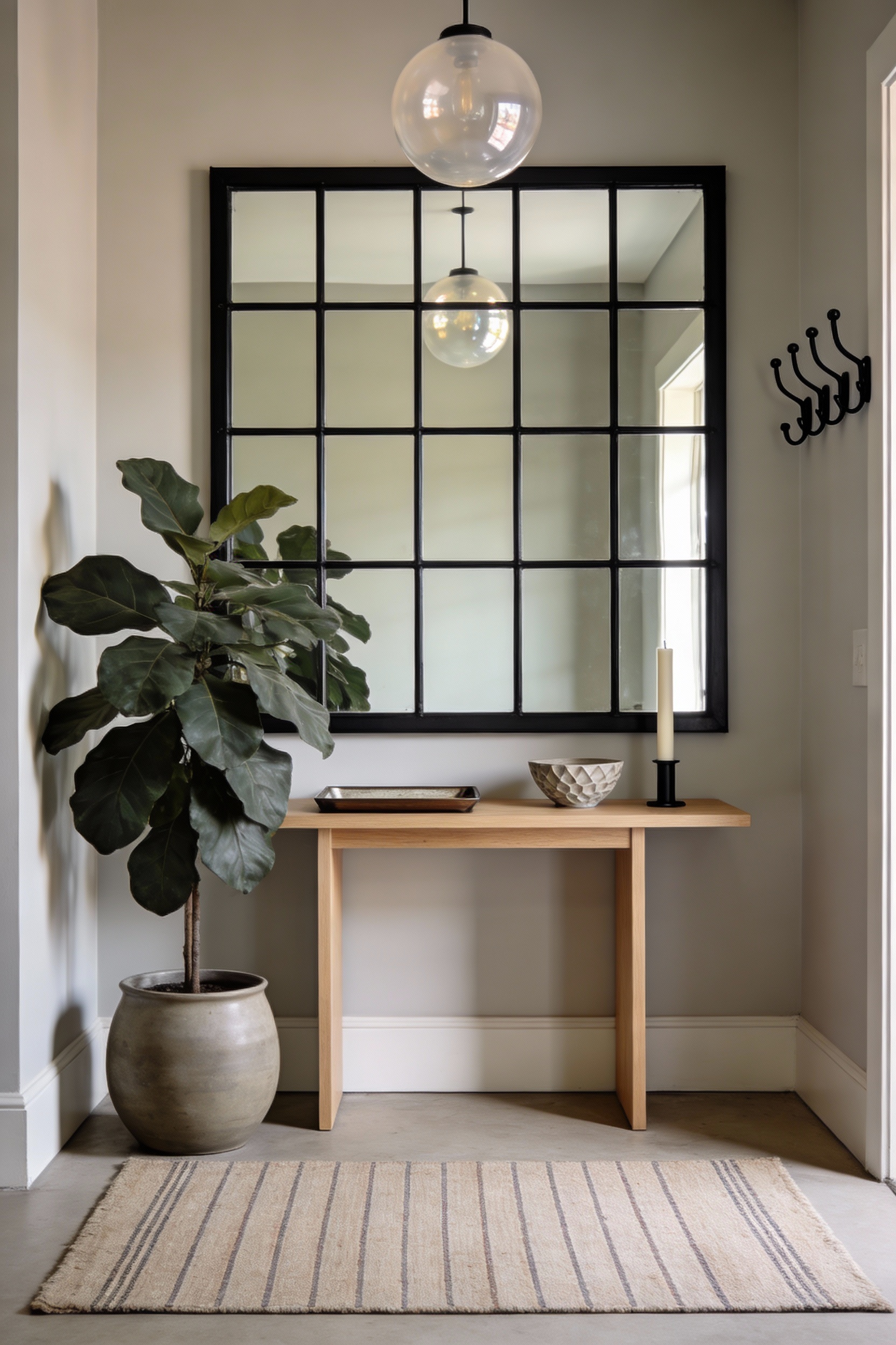 Straight-on medium shot of a modern entryway featuring a large industrial-style grid mirror “window wall” with a matte b