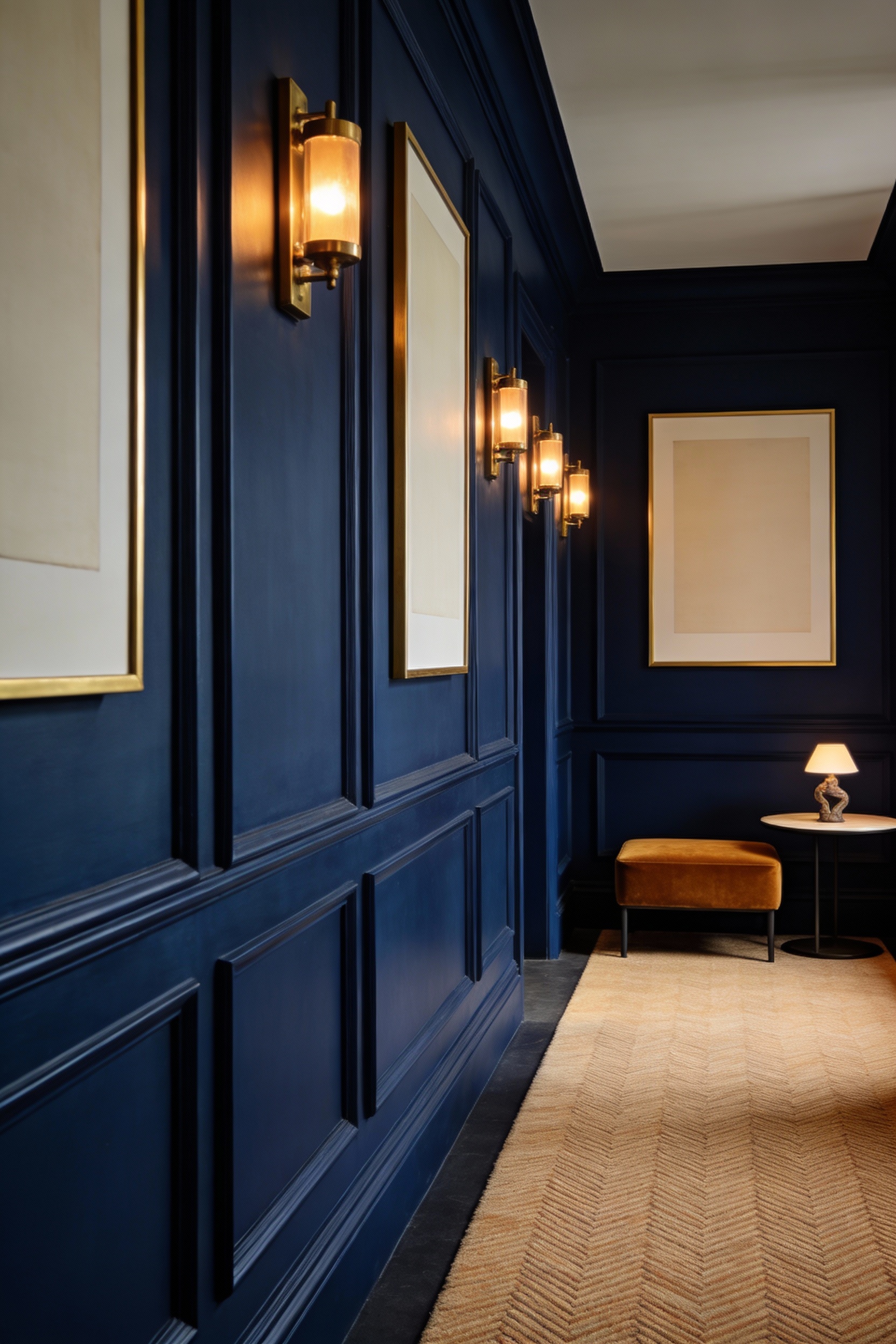 Medium corner-angle photorealistic shot of a moody boutique-hotel hallway with color-drenched inky navy walls and trim, 
