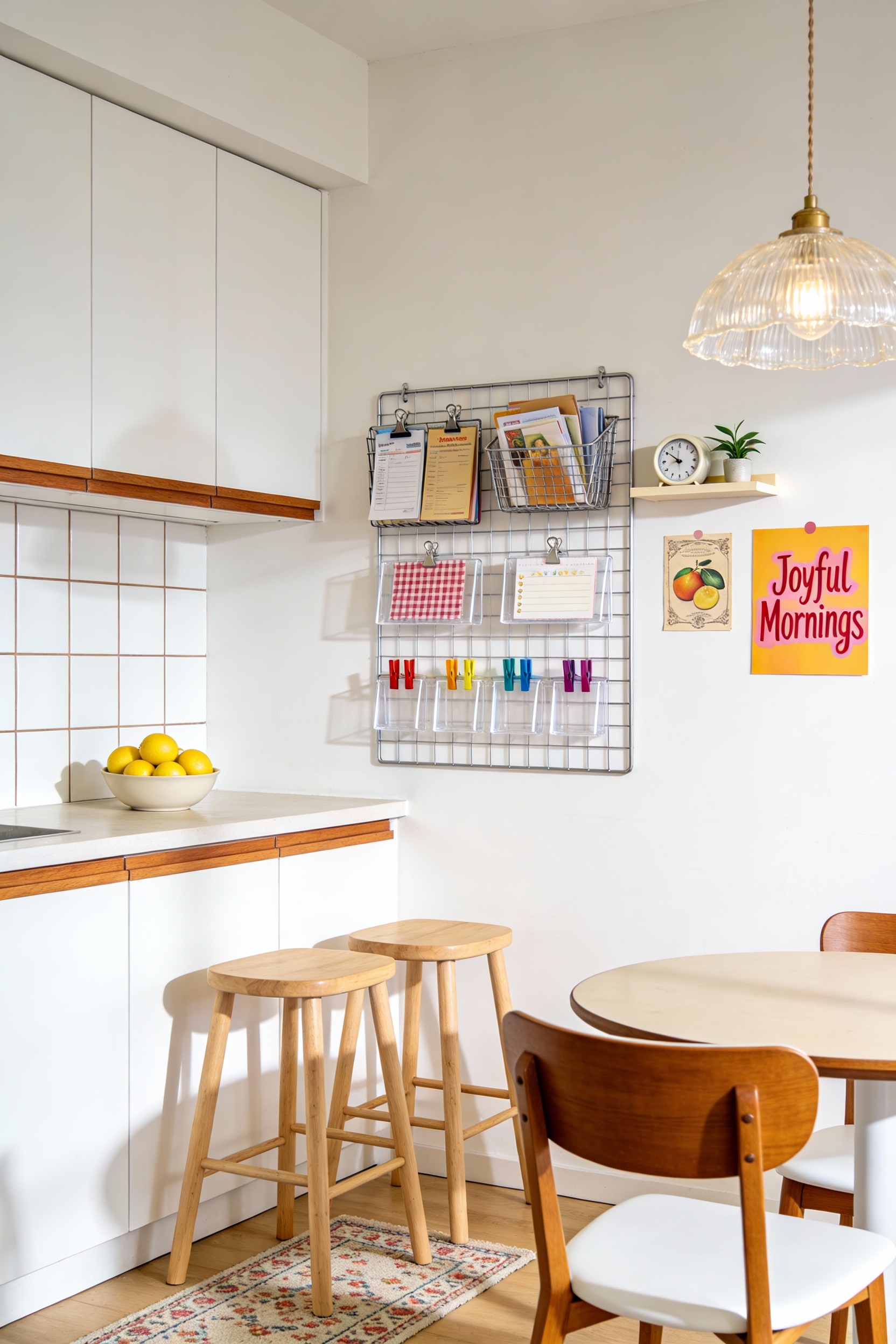 Medium straight-on photorealistic shot of a bright, sunshiney kitchen command center: white cabinets and white backsplas