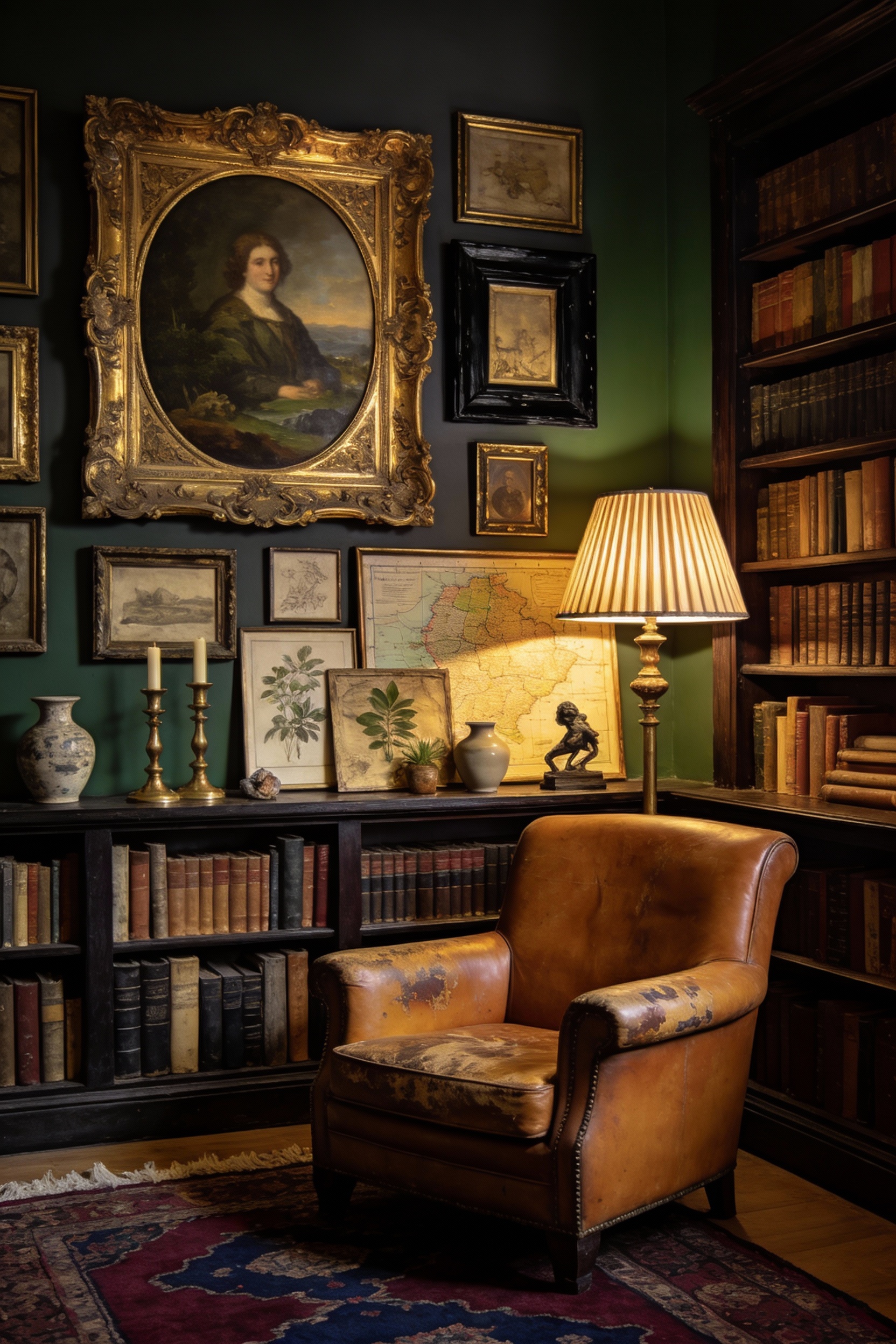 Medium photorealistic shot of a moody vintage library lounge with midnight green/charcoal walls and warm golden lampligh