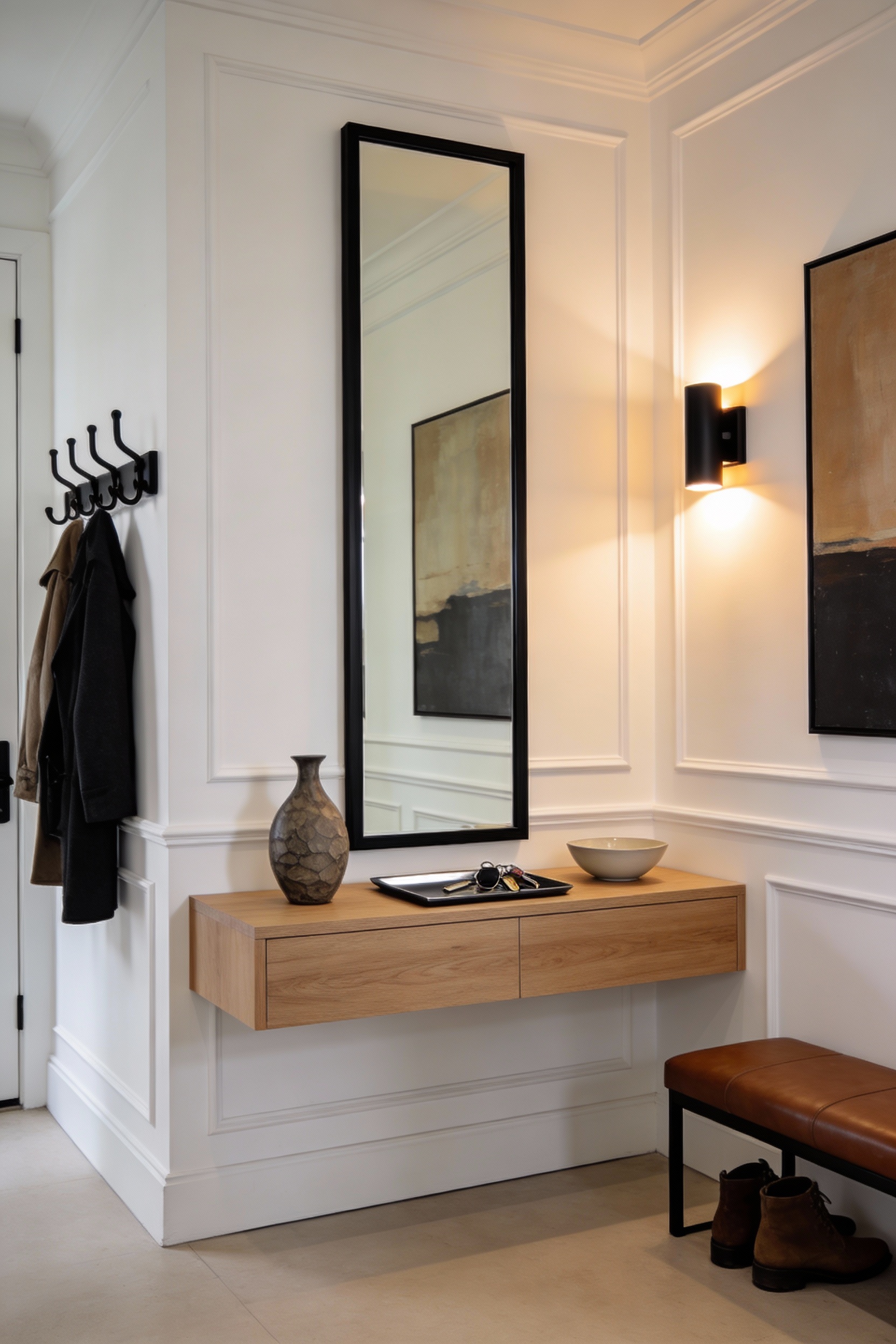 Medium photorealistic modern entryway, straight-on view of a tall black-framed vertical wall mirror (floor-to-ceiling lo