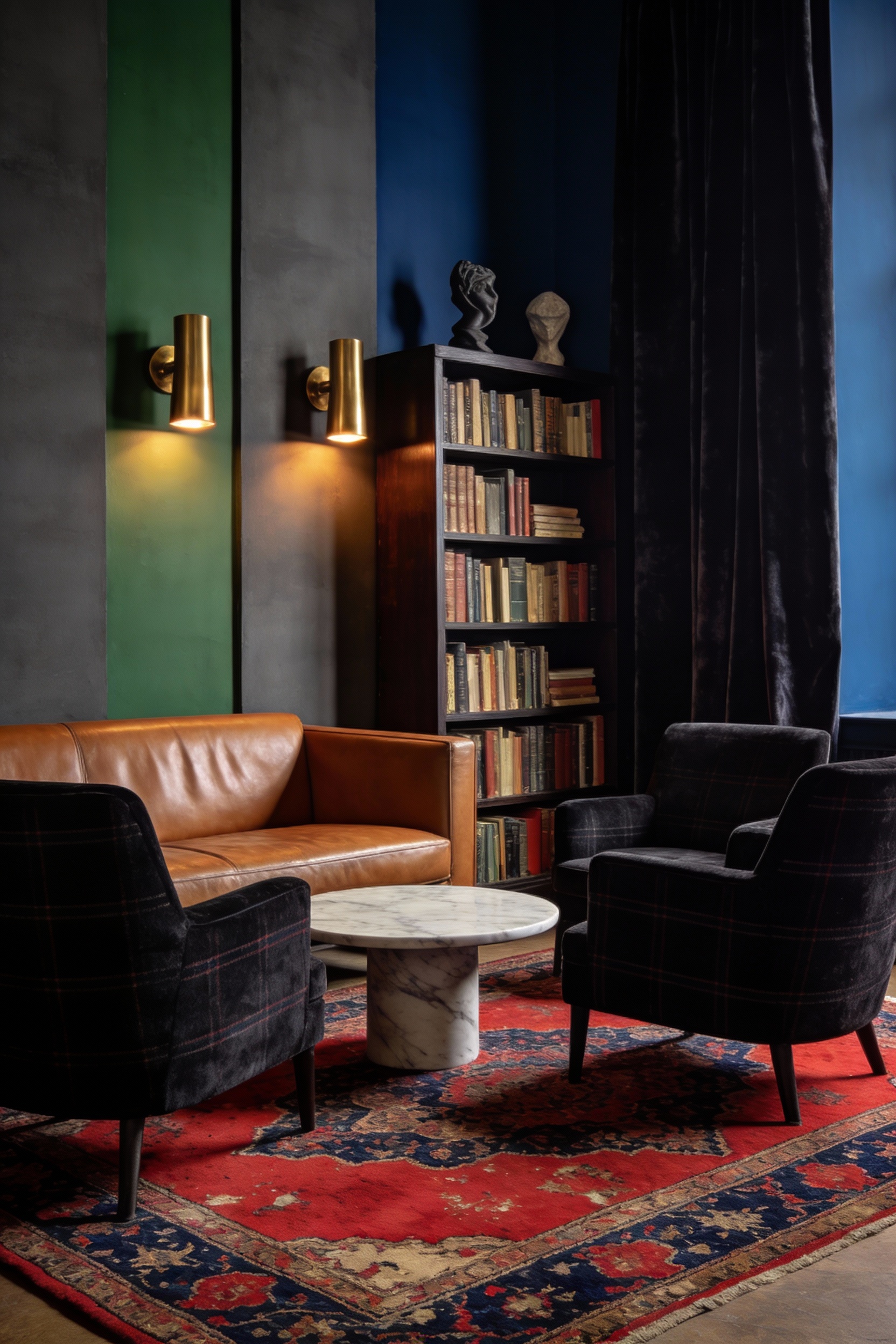 Medium straight-on photorealistic moody library lounge: vintage Persian rug with rich reds and inky navy (softened worn 