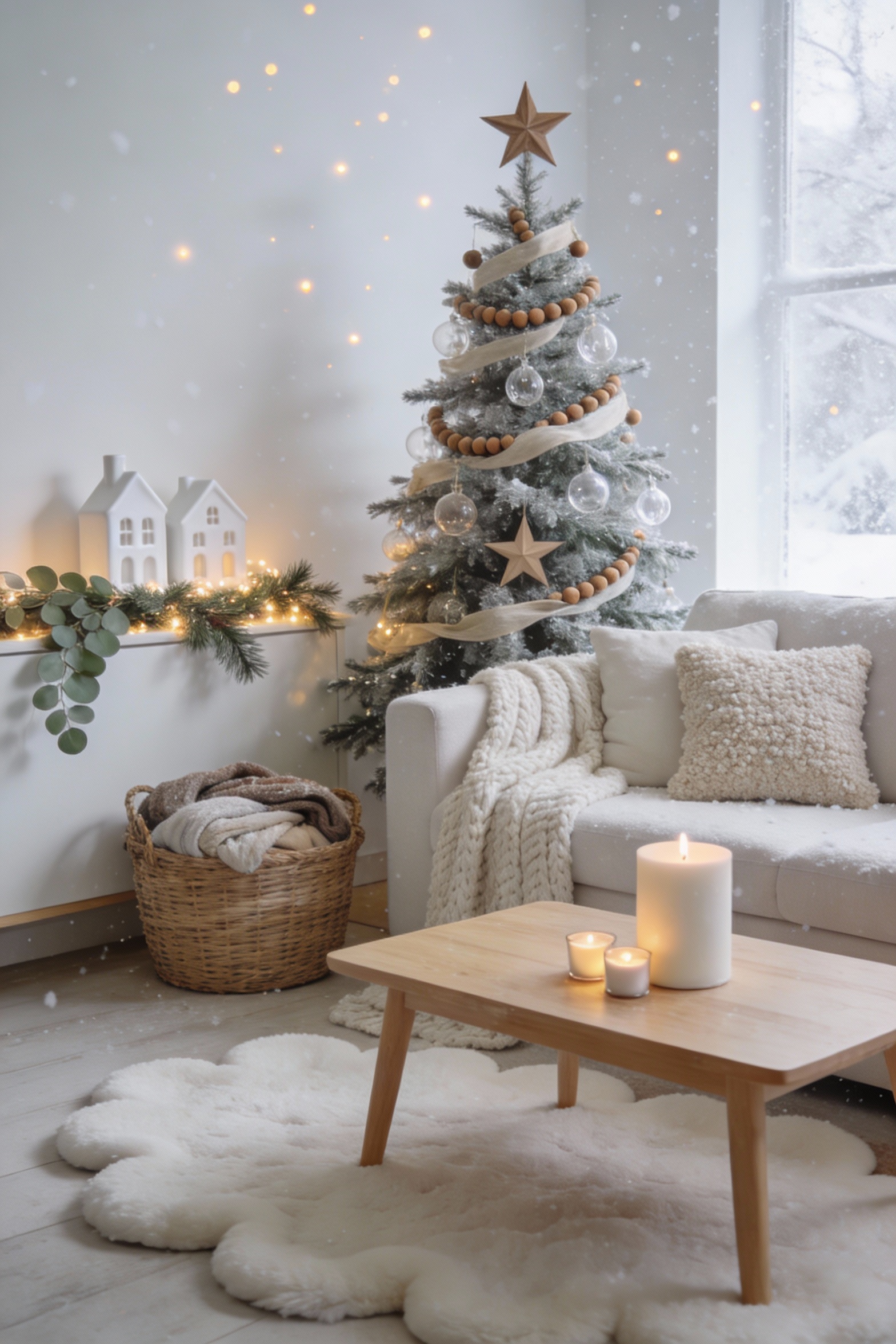 2. Medium shot, Scandinavian snow-day minimalist living room in creamy white, oatmeal, and light wood tones: pale sofa, 