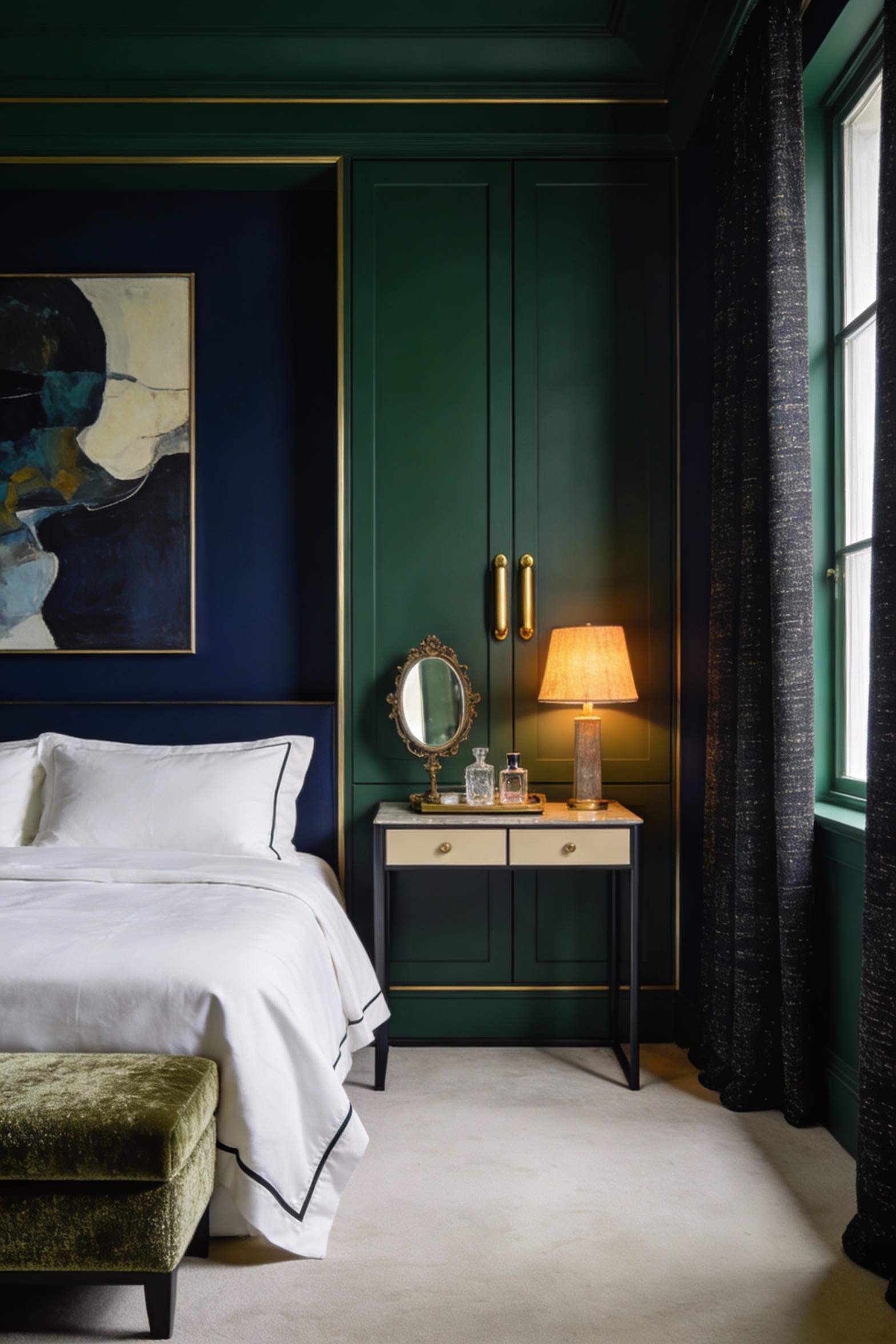 Medium straight-on photorealistic shot of a boutique-hotel jewel box bedroom with deep green or inky navy walls and cris