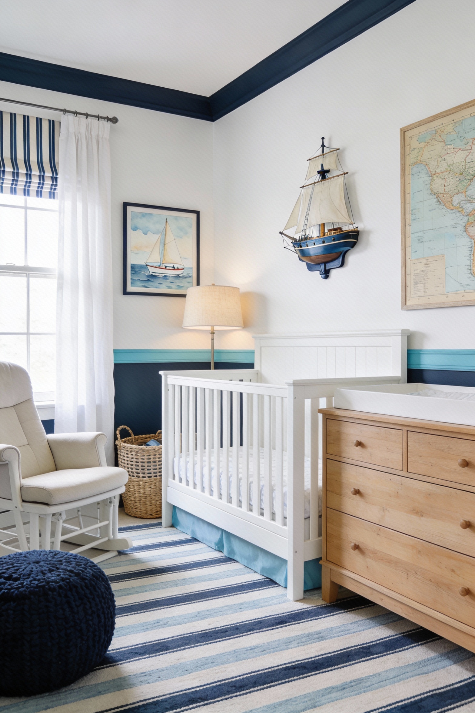 2. Medium straight-on photorealistic coastal nautical nursery vignette: bright white crib paired with a light natural wo