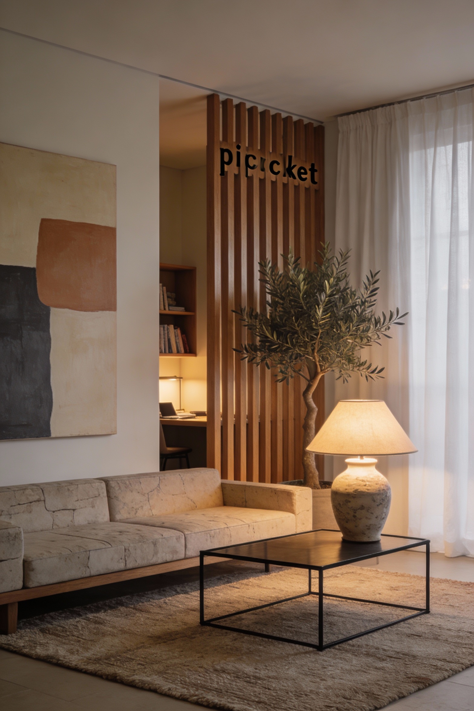 Medium photorealistic modern minimalist living room with an architectural floor-to-ceiling vertical slat “picket” divide