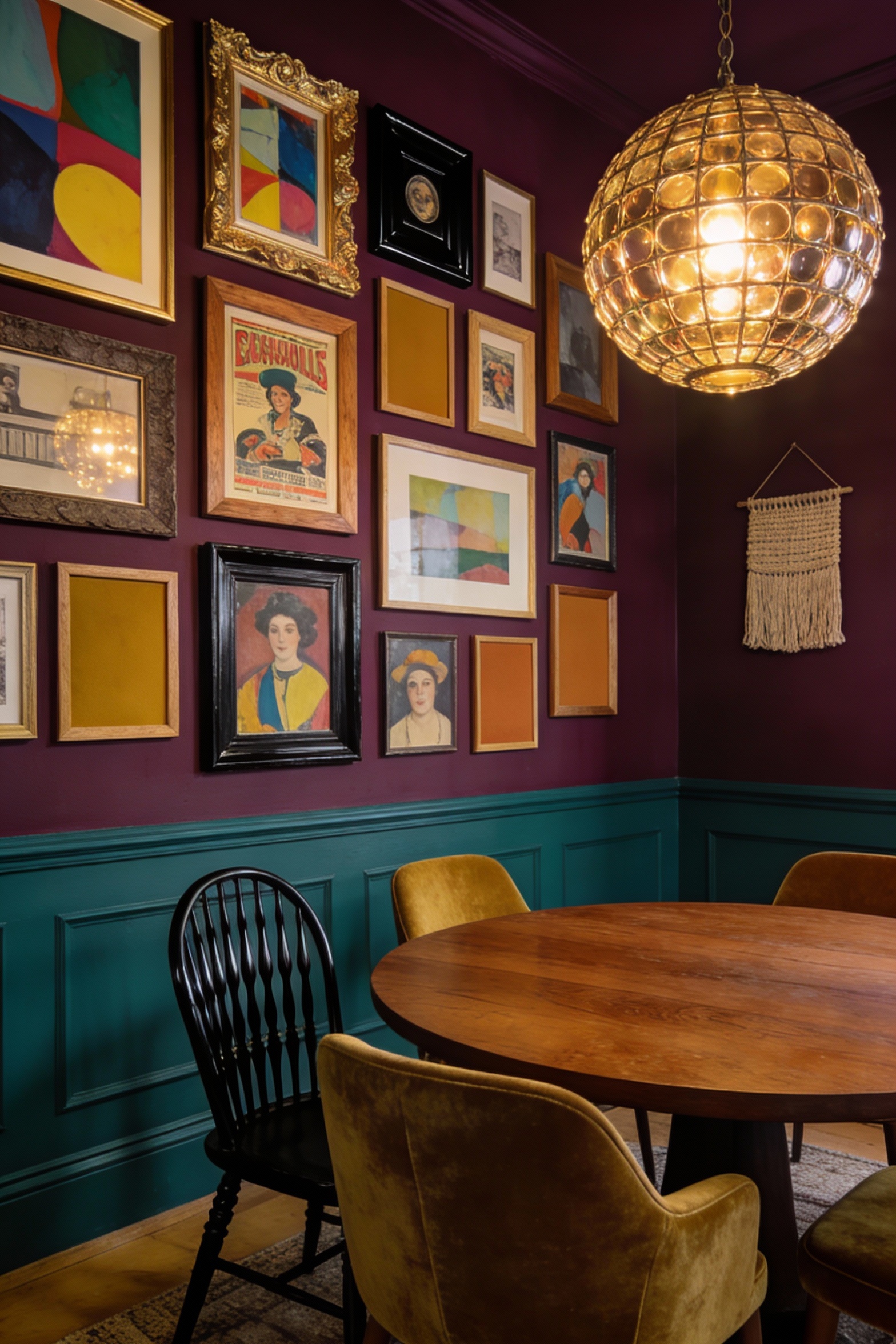 2. Wide corner-angle photorealistic shot of a color-soaked eclectic dining room with walls painted deep inky teal (or mo