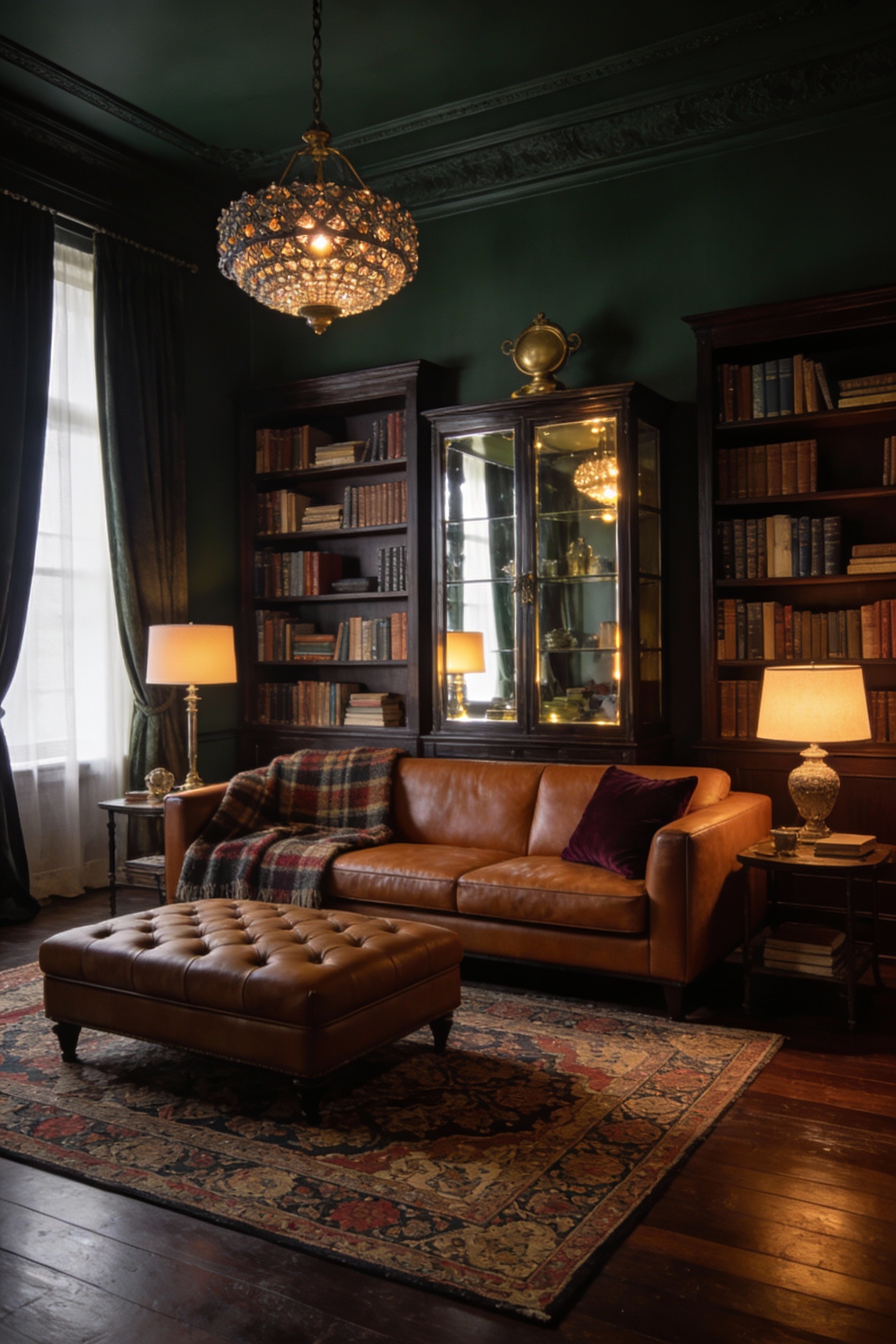 Medium straight-on photorealistic shot of a moody library-style living room anchored by dark walnut hardwood floors with