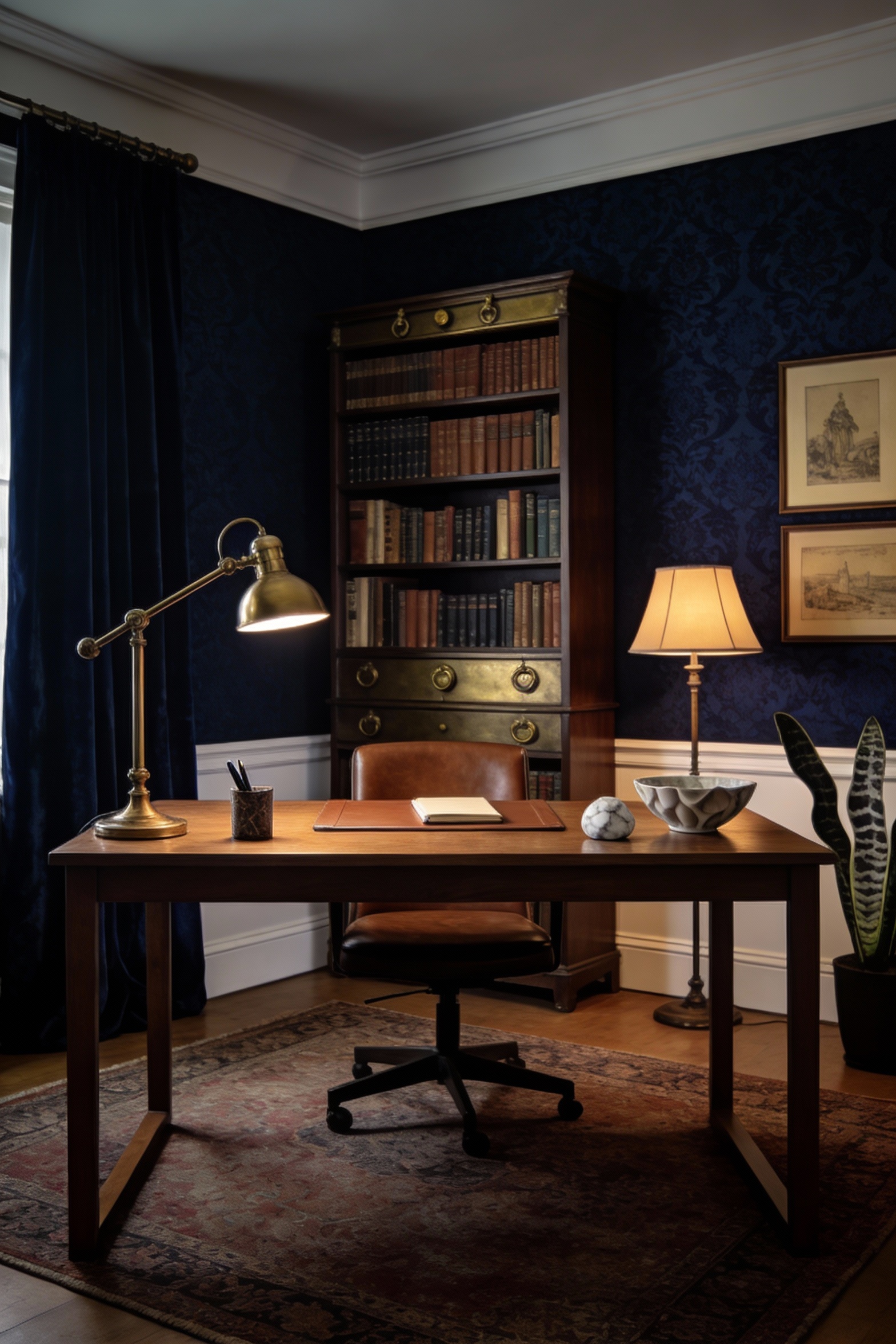 Medium shot straight-on of a moody office-library workspace: deep saturated wallpaper (inky navy) with a subtle damask o