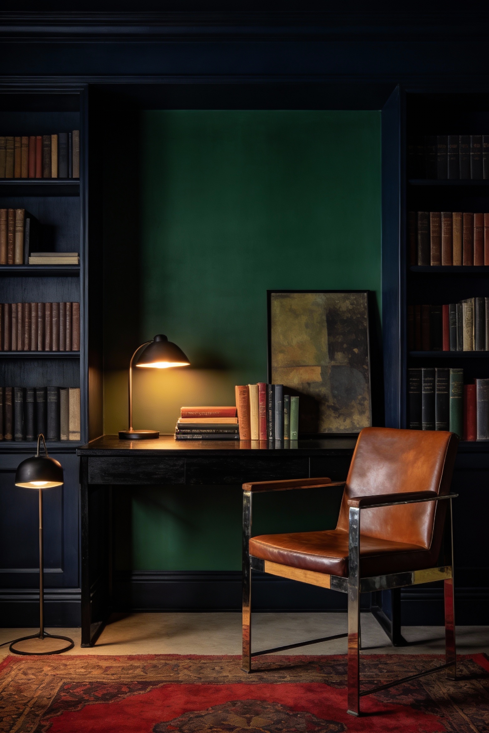 Medium straight-on photorealistic view of a cozy library office with a dark moody desk wall painted deep charcoal/inky n