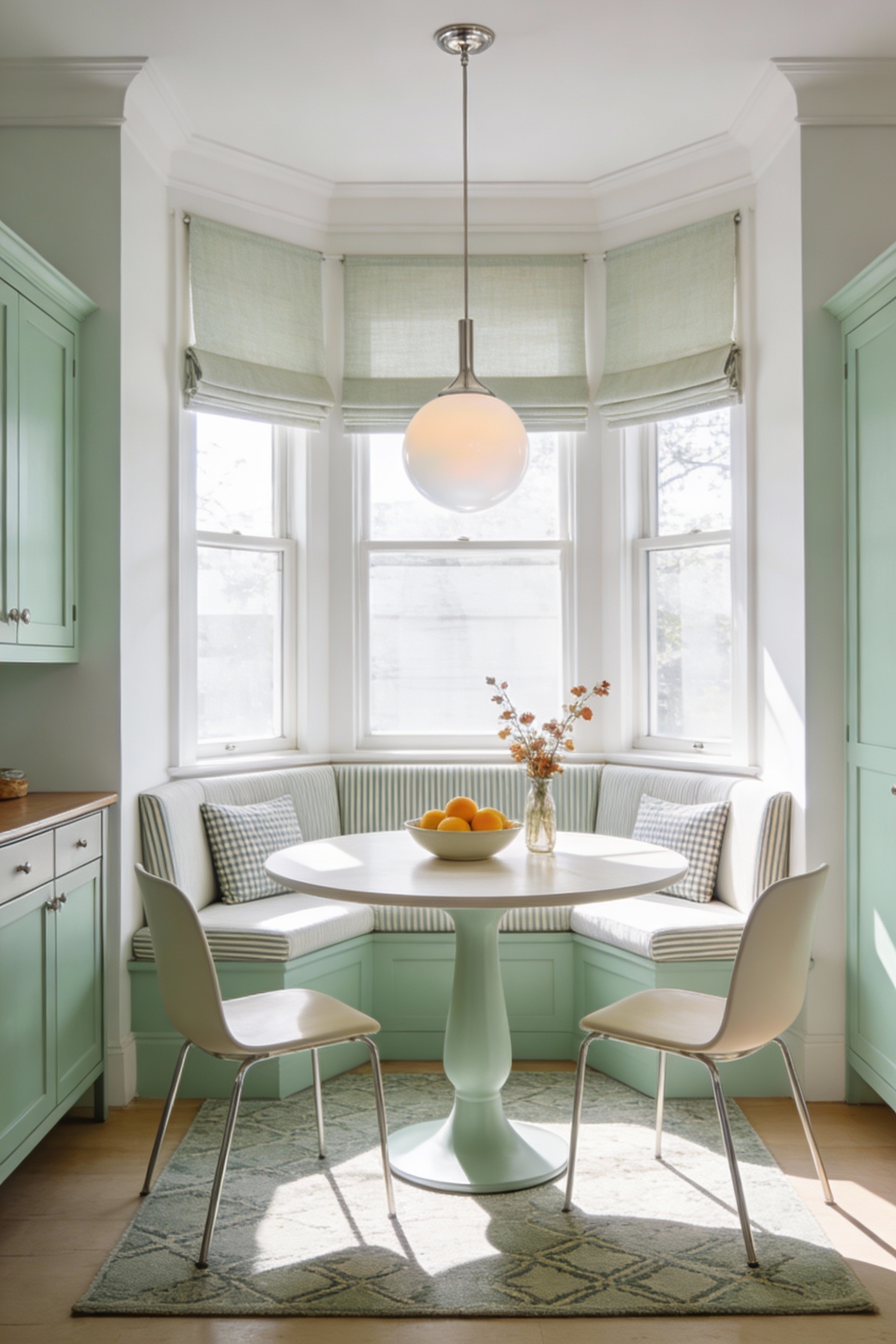 Medium photorealistic dining room straight-on view into the bay: bright white and soft sage green palette with polished 