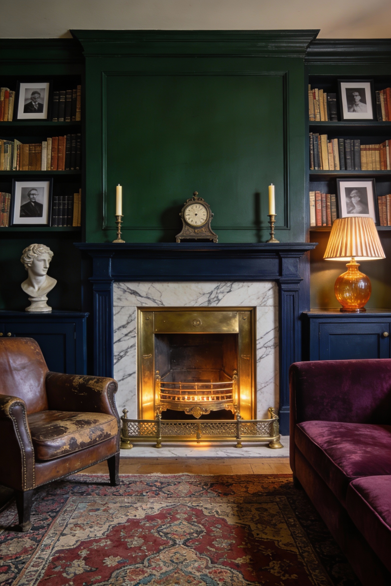 2. Medium straight-on photorealistic shot of a classic British library corner centered on a chimney breast: inky navy or