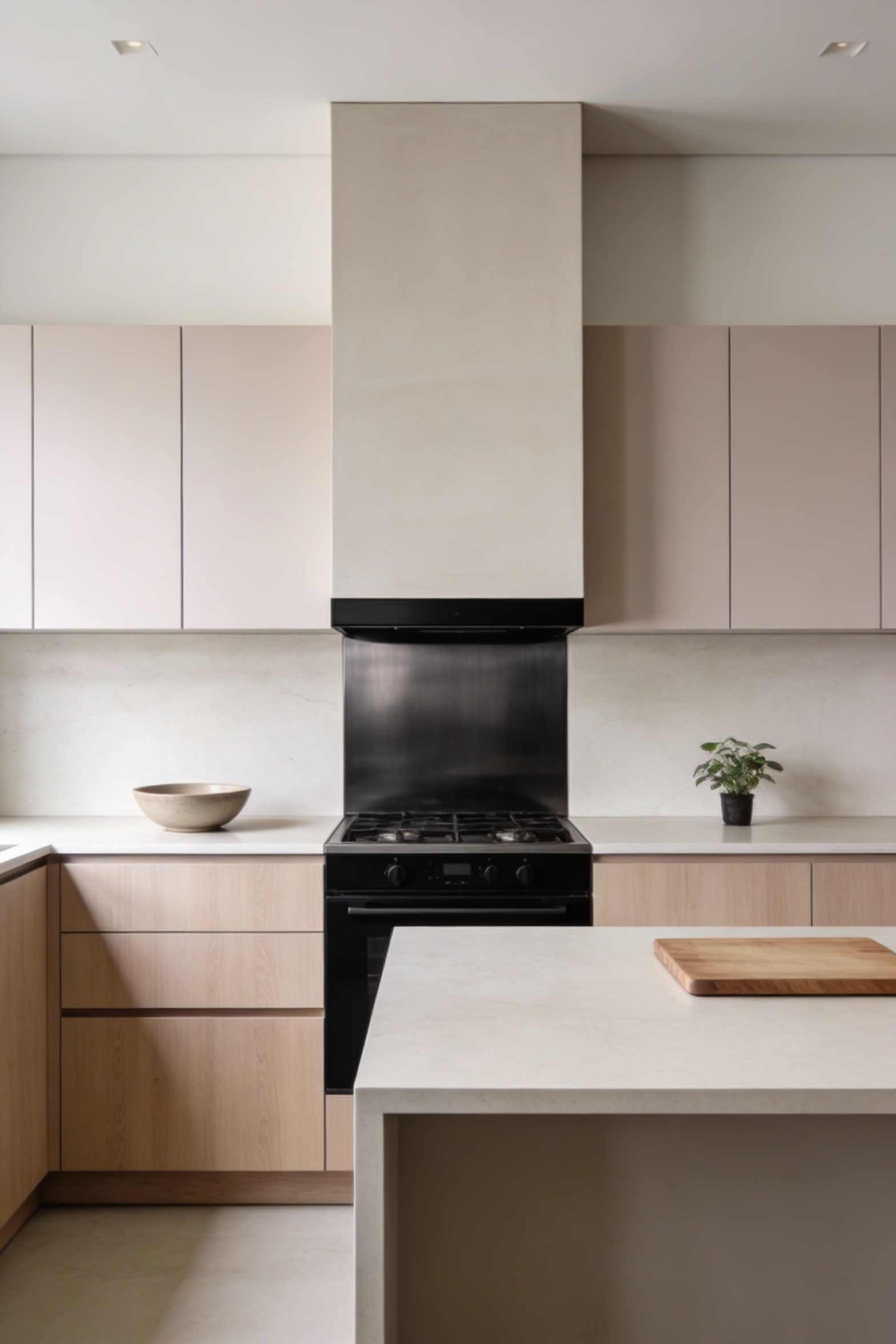 2. Straight-on medium shot of a modern minimal chimney kitchen where the chimney surround is smooth, handleless, crisp a