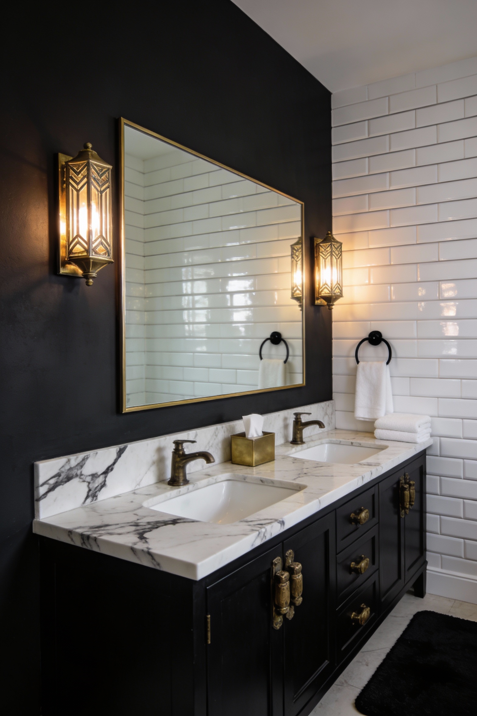 Medium straight-on photorealistic shot of a moody luxe double vanity wall: deep charcoal matte walls, tailored black or 