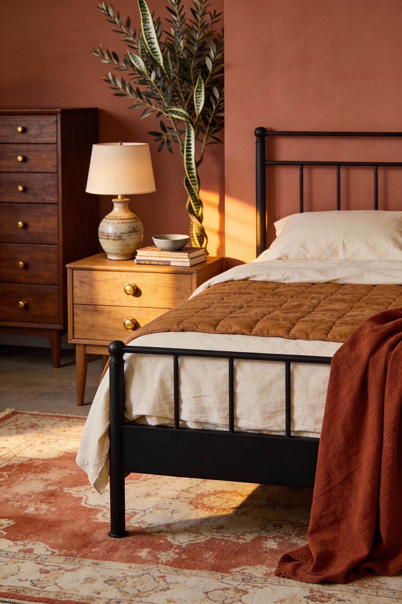 Medium shot photorealistic warm earthy bedroom vignette: black bedframe anchored against soft clay/terracotta-undertone 