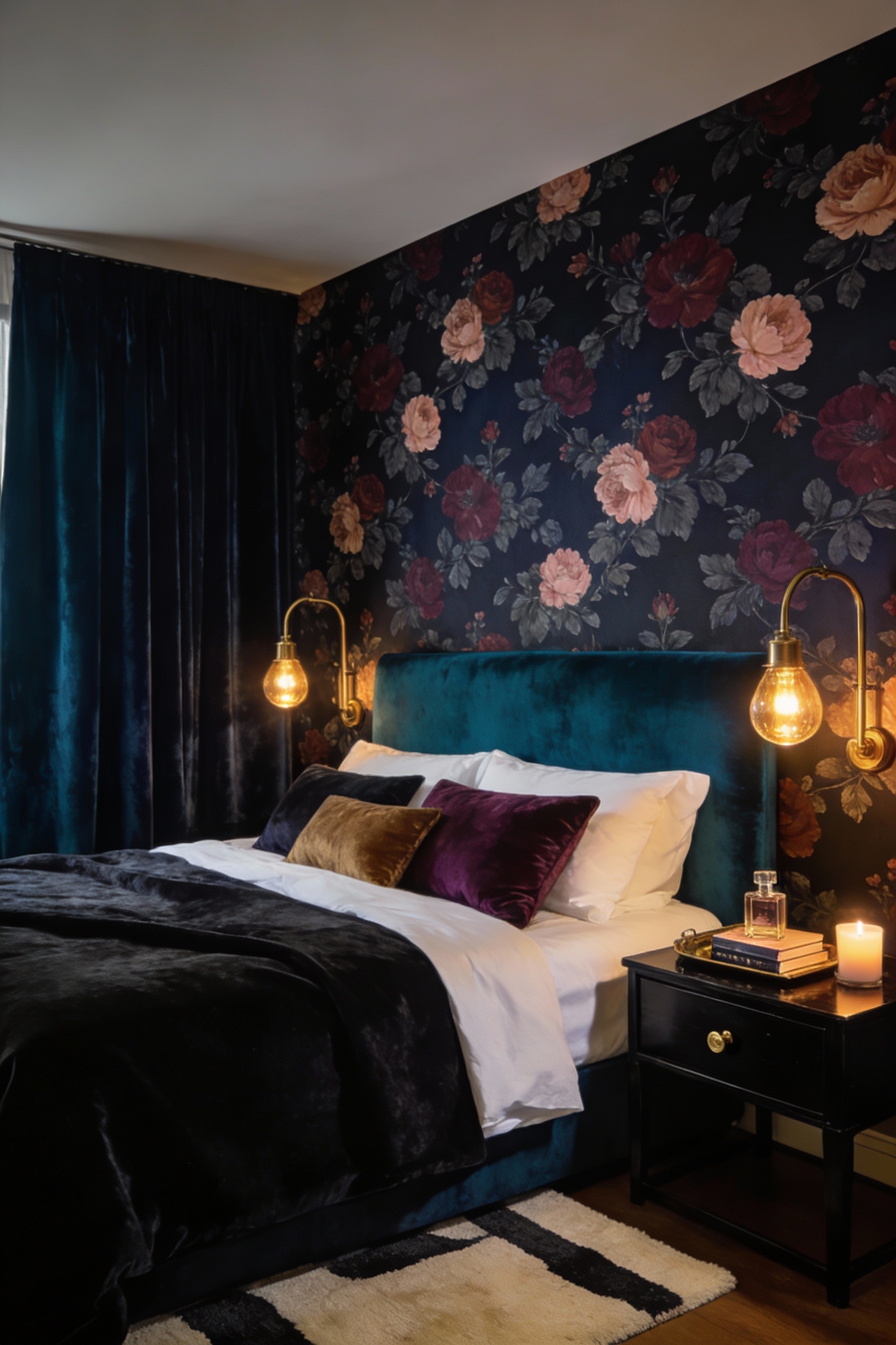 Medium photorealistic straight-on shot of a moody boutique-hotel bedroom: dark floral wallpaper with inky navy/charcoal 