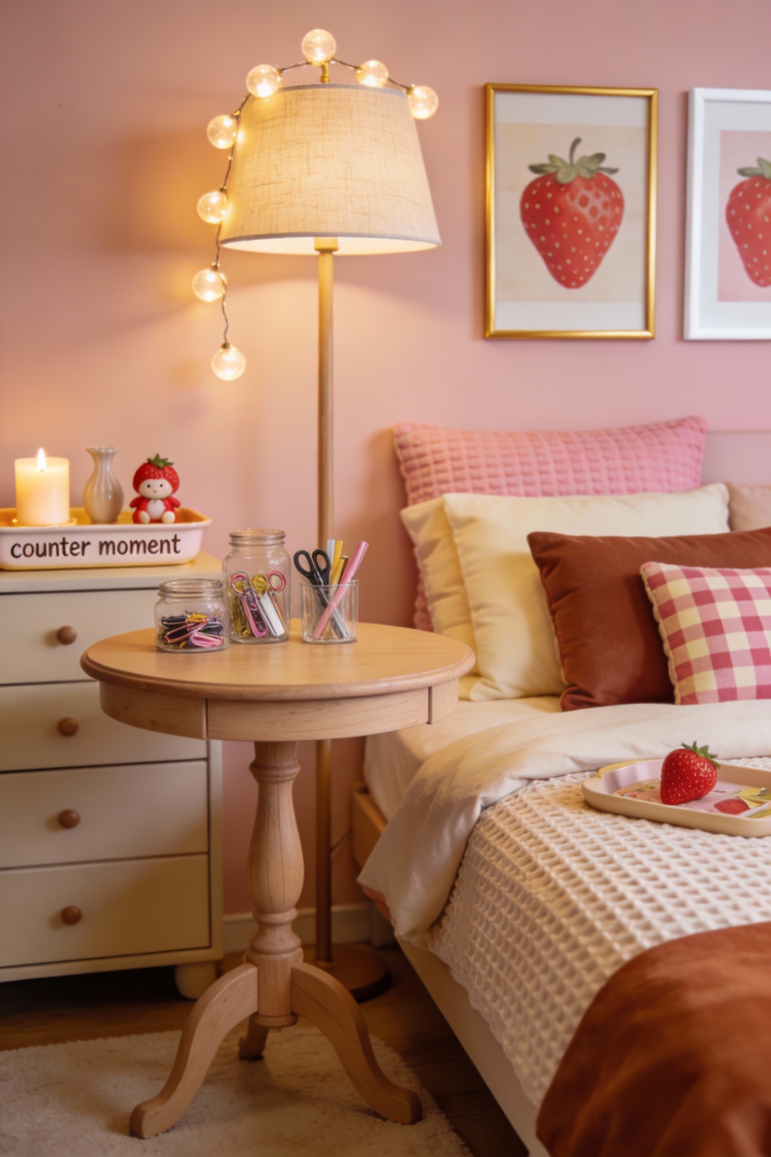 Medium photorealistic straight-on shot: strawberry milk tea cafe-vibe bedroom in strawberry pink, creamy beige, and cara
