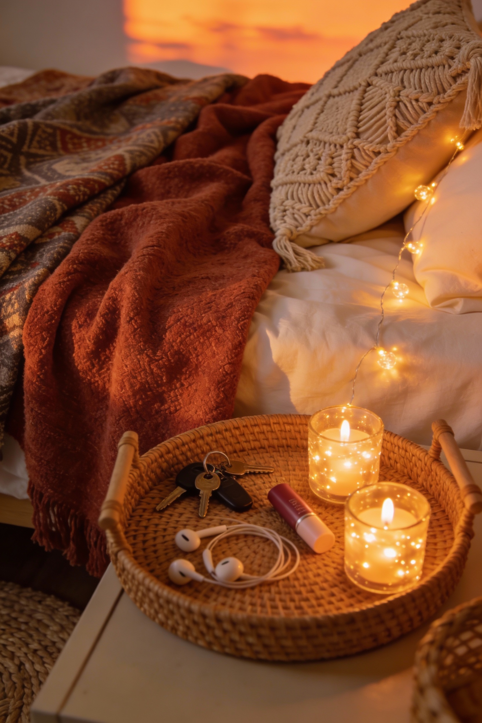 Detail closeup shot of a Boho Study Retreat vignette: terracotta/rust textured throw blanket draped over creamy white be