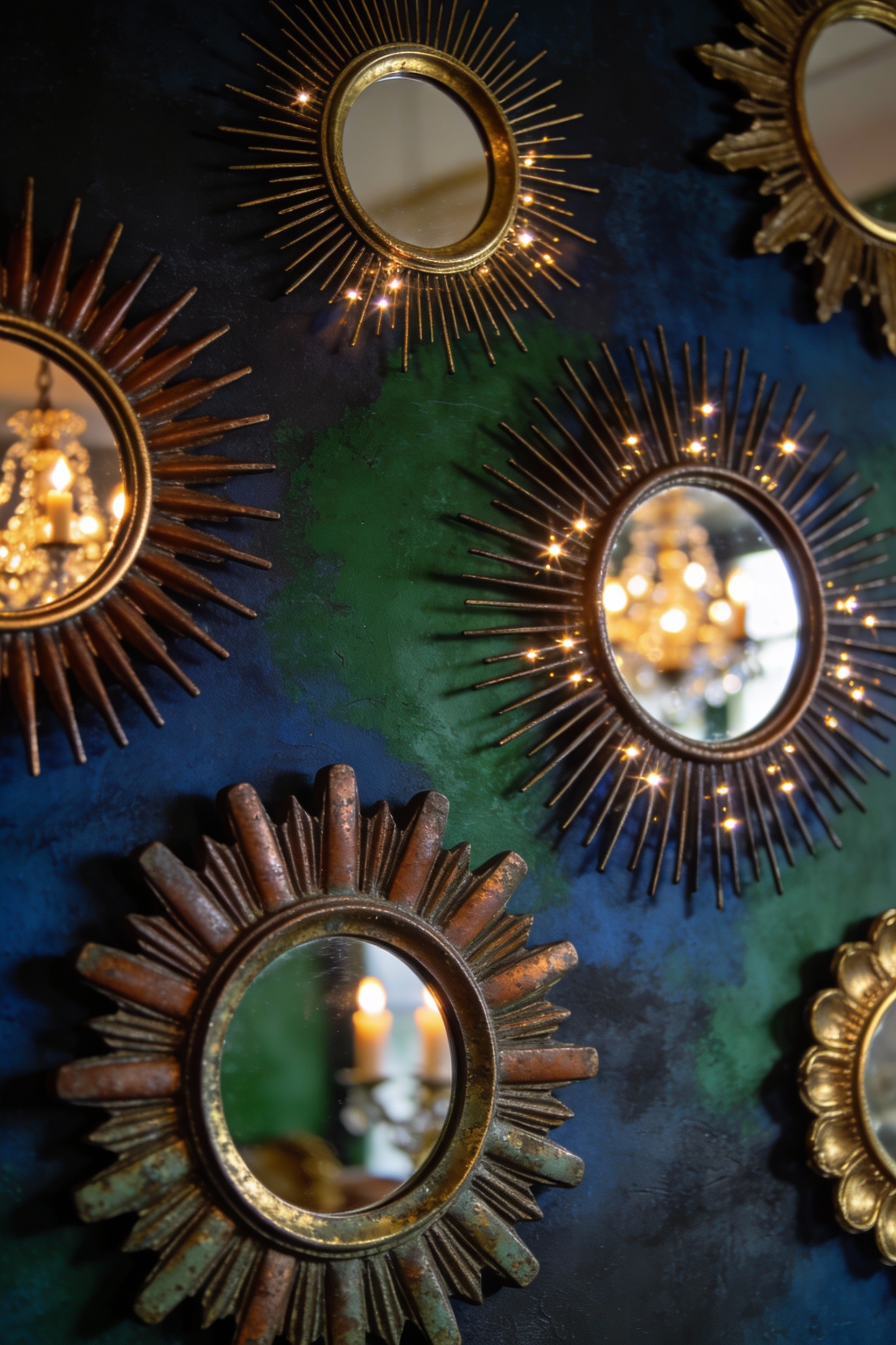 Detail-focused closeup of a moody dining room sunburst mirror gallery wall: multiple sunburst mirrors in varied sizes wi