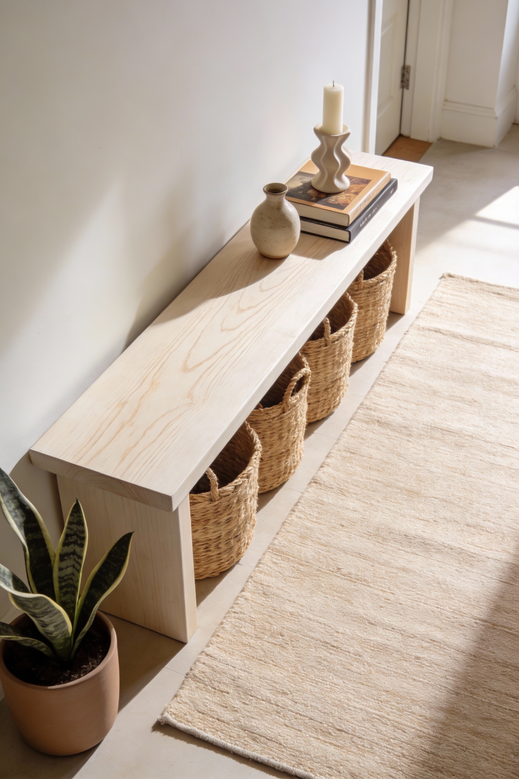 Overhead/detail photorealistic shot focused on a slim pale white-oak bench with visible grain in a sunny Scandinavian ha