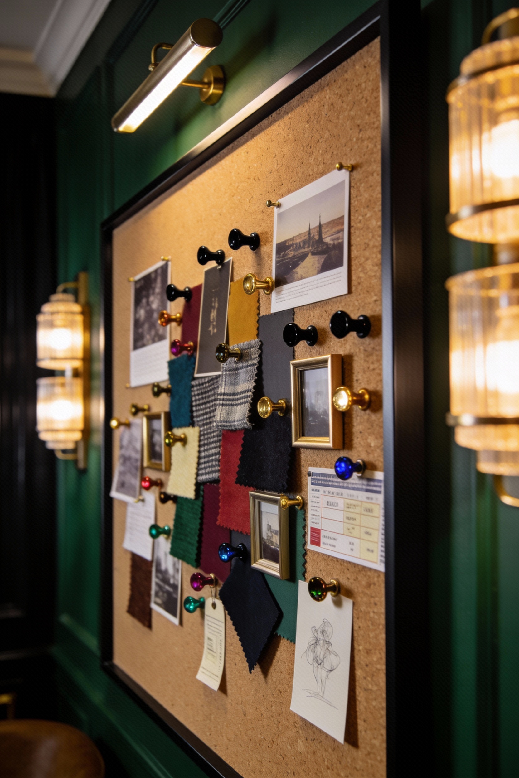 Detailed moody photorealistic closeup of a maximalist gallery-style cork notice board wall: one sleek-framed oversized c