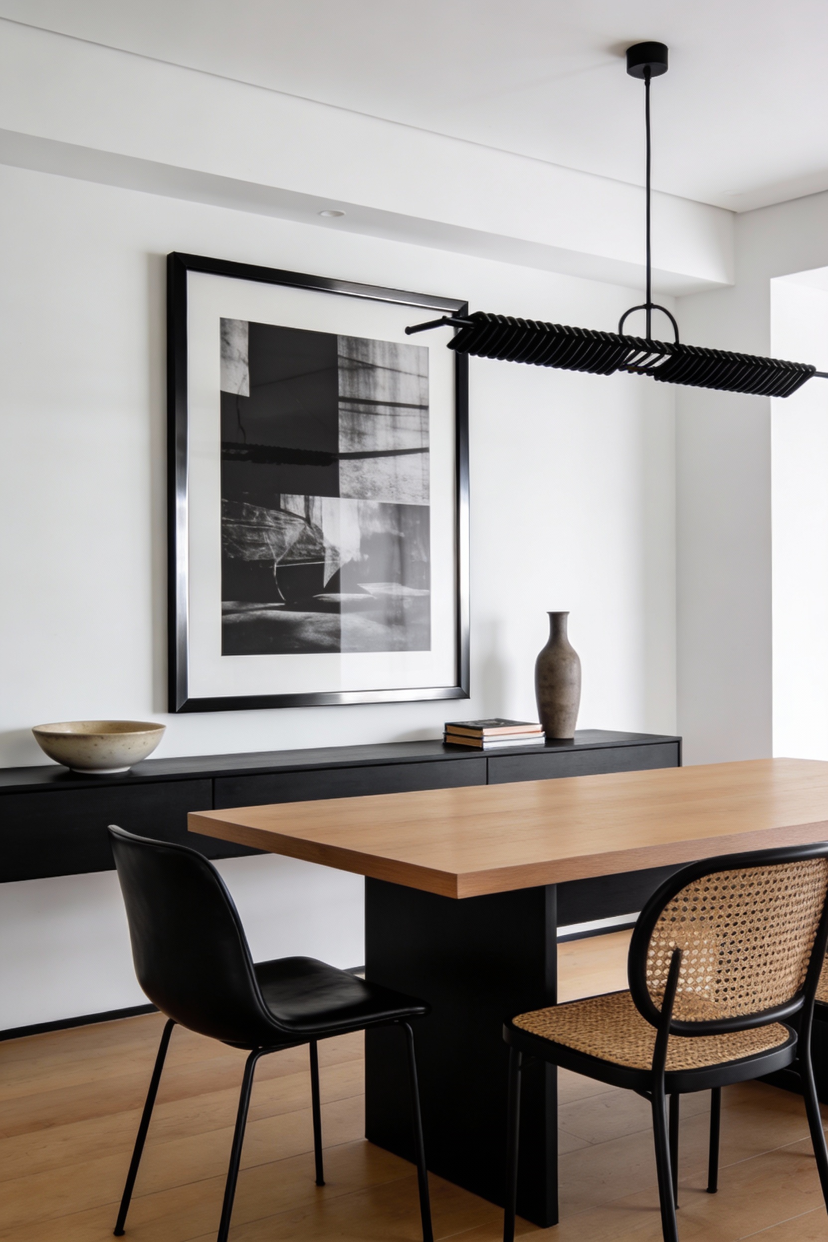 Straight-on photorealistic wide shot of a modern minimalist dining room with crisp white walls, black accents, and warm 