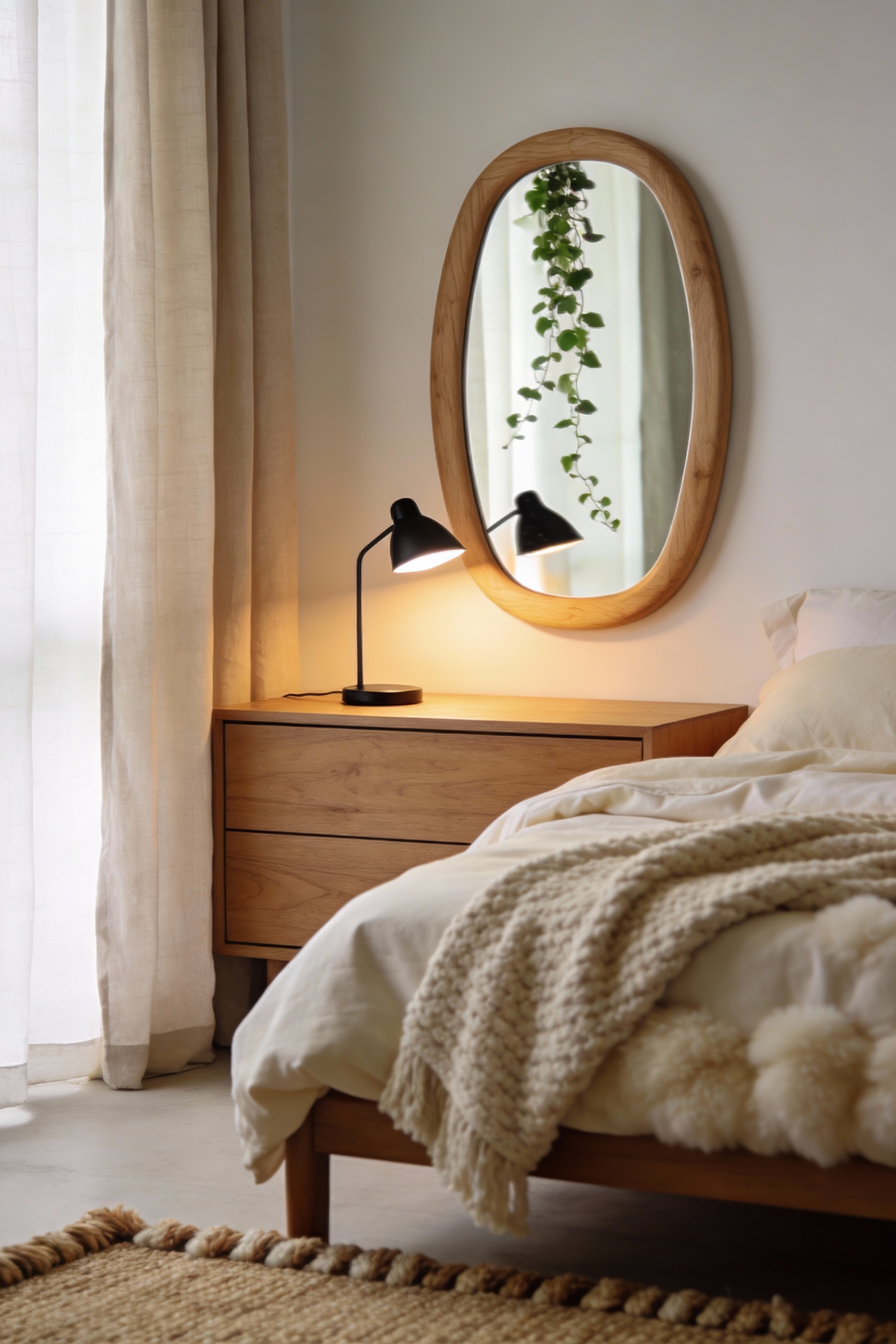 Detail photorealistic Scandinavian bedroom vignette, closeup at dresser height showing a rounded (pill-shaped) light oak